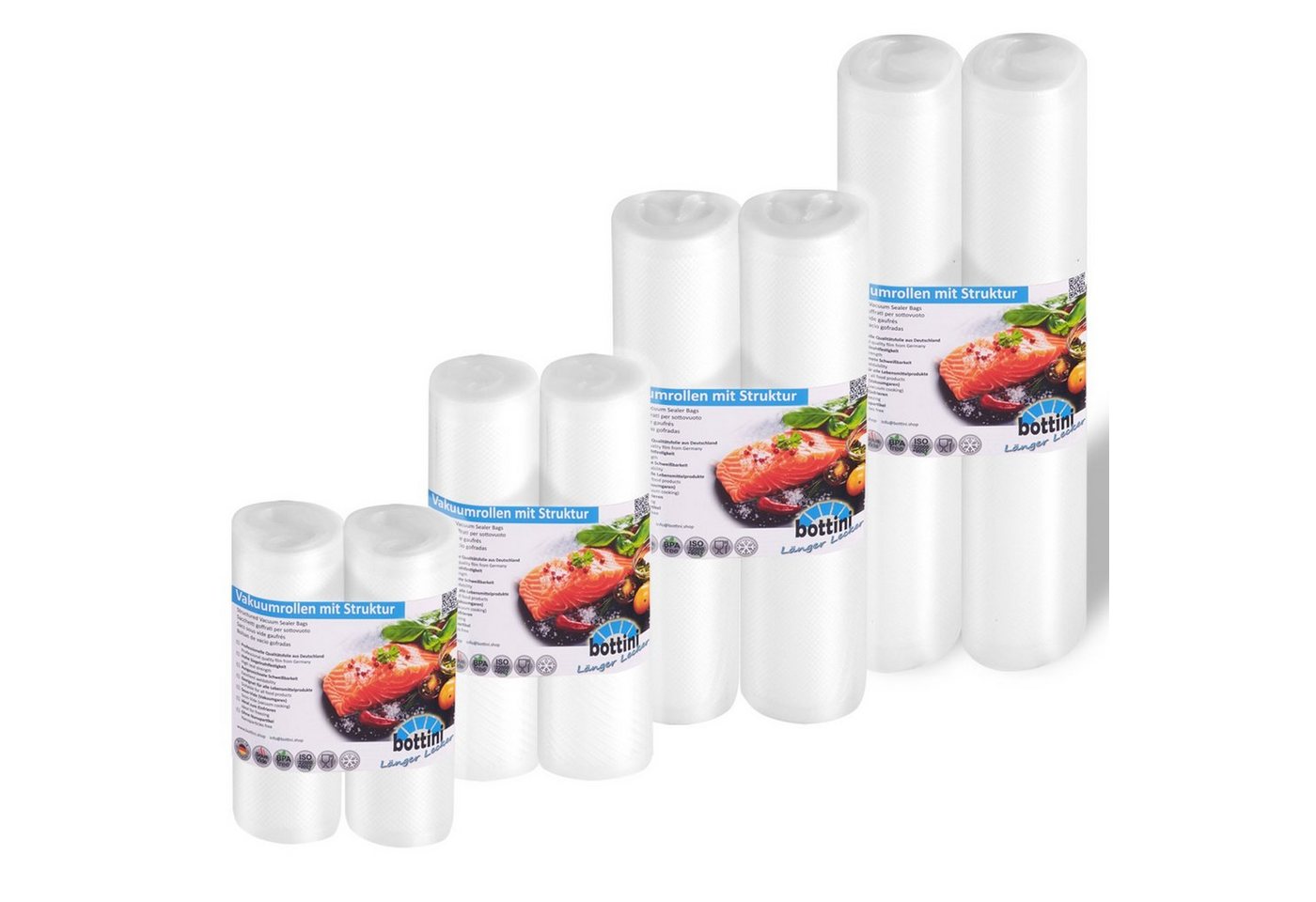 Bottini Vakuumier-Folienrollen 8 Vakuumrollen 15,20,25 und 28 x 600 cm mit Struktur für Lebensmittel, Zubehör für Alle Balken Vakuumierer wie CASO, WMF, FreshVAC, Rommelsbacher, Gastroback, Foodsaver, Solis, Lava, Leifheit sowie alle Vakuumiergeräte von S