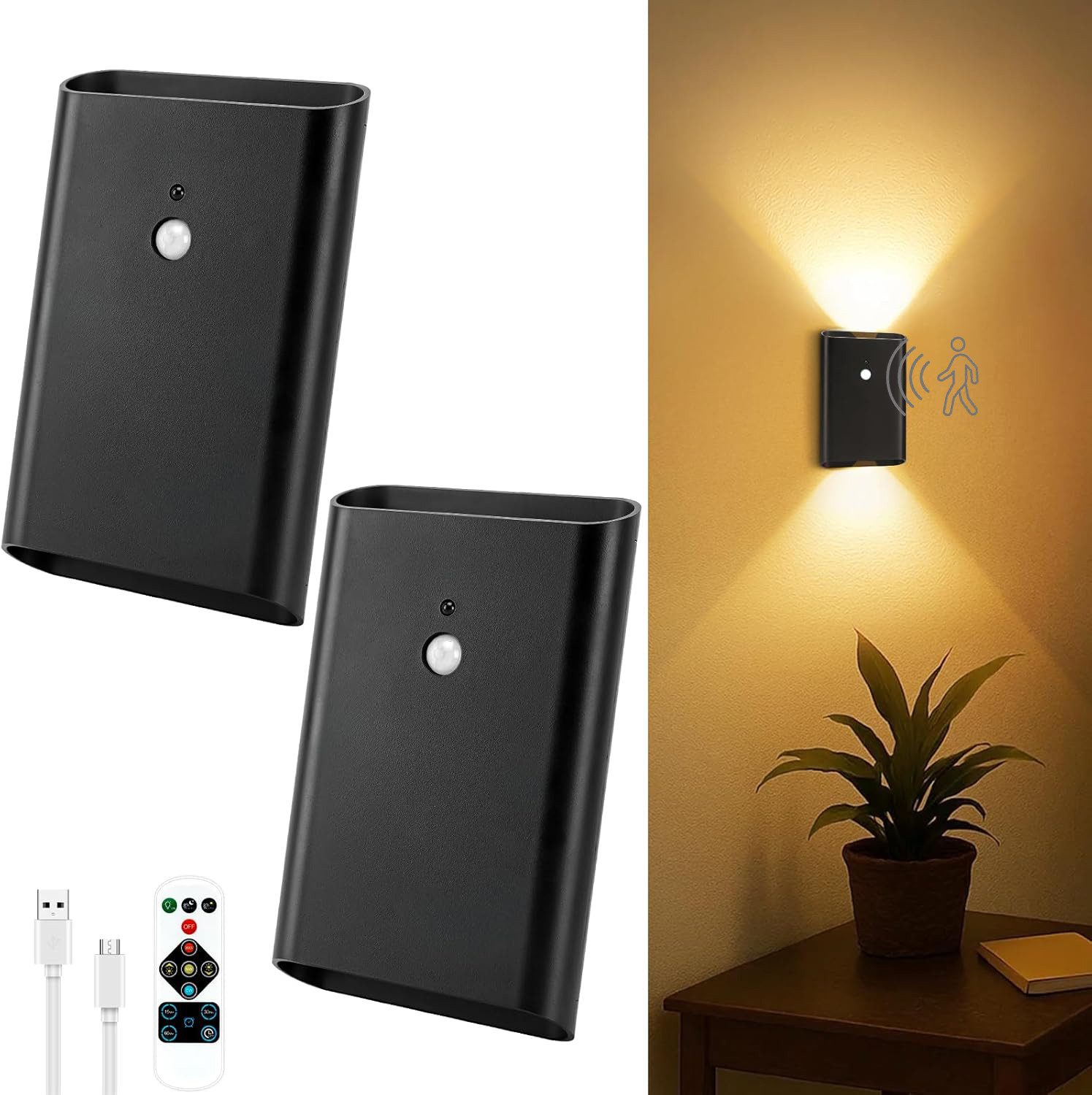 Futicare LED Wandleuchte Akku für Innen, kabellose Wandleuchte mit Bewegungsmelder, magnetische Wandlampe Akku 5000mAh wiederaufladbar, ohne Stromanschluss, dimmbar, Fernbedienung, Timer, 2er Set