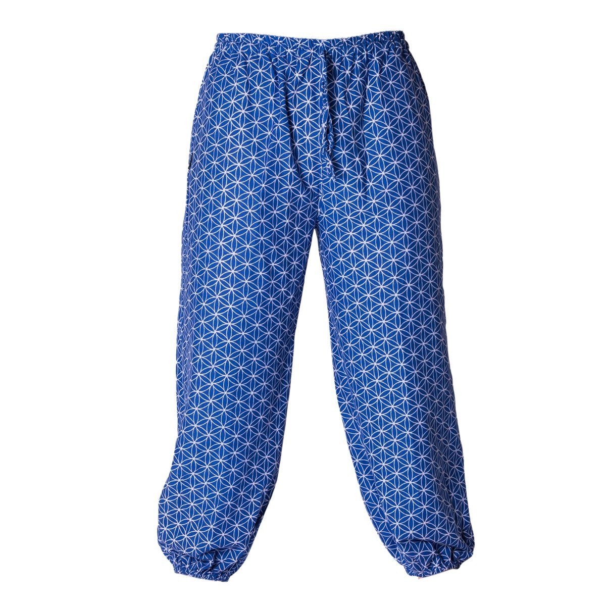 PANASIAM Stoffhose Muckhose Geometrix aus leicht grob gewebter Baumwolle bequeme Haremshose Unisex Freizeithose japanische Muster und heilige Geometrie Lebensblume blau