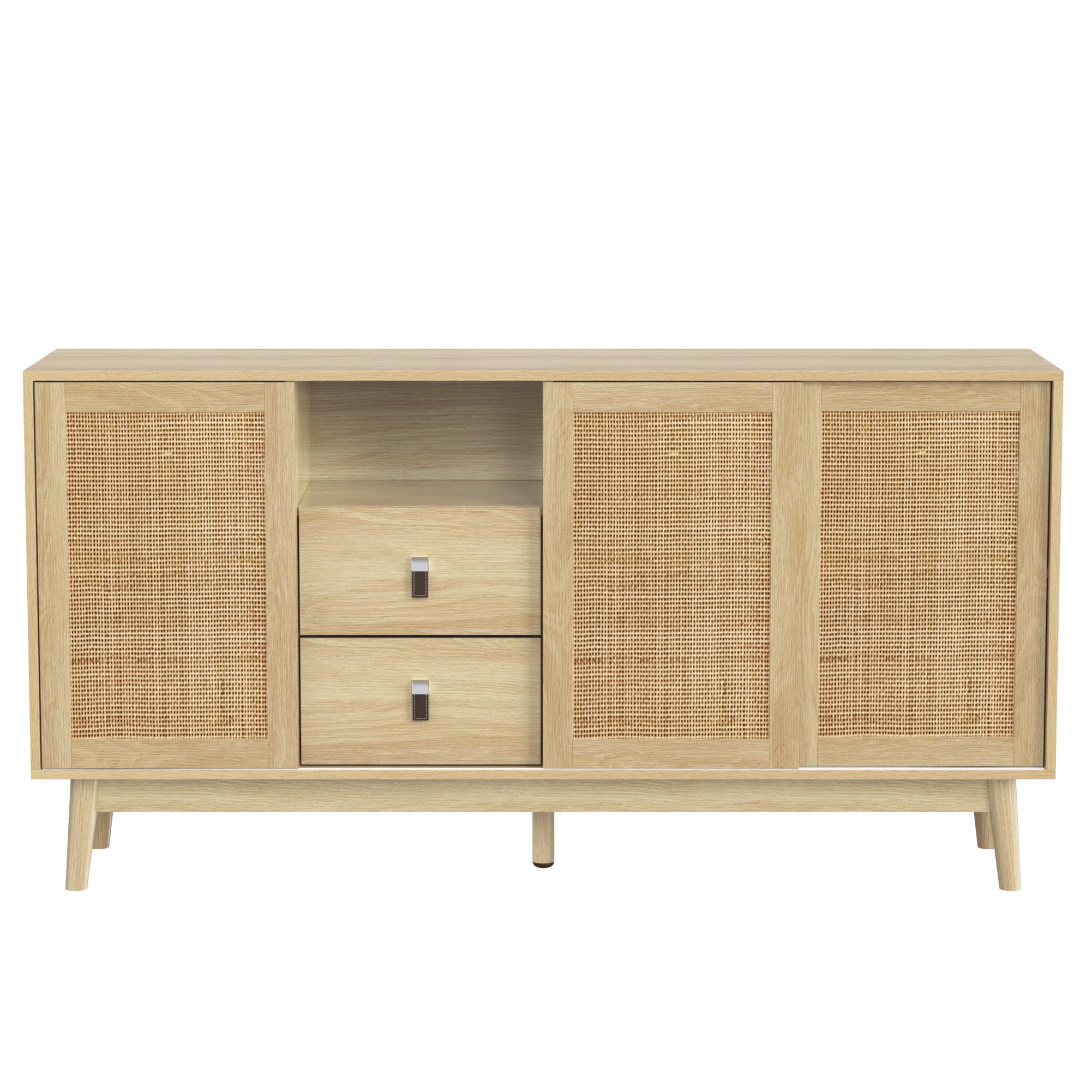 EXTSUD Sideboard 155 cm – Rattan mit Schiebetüren & Schubladen, 155x38x80 cm, atmungsaktiv, stabil und vielseitig