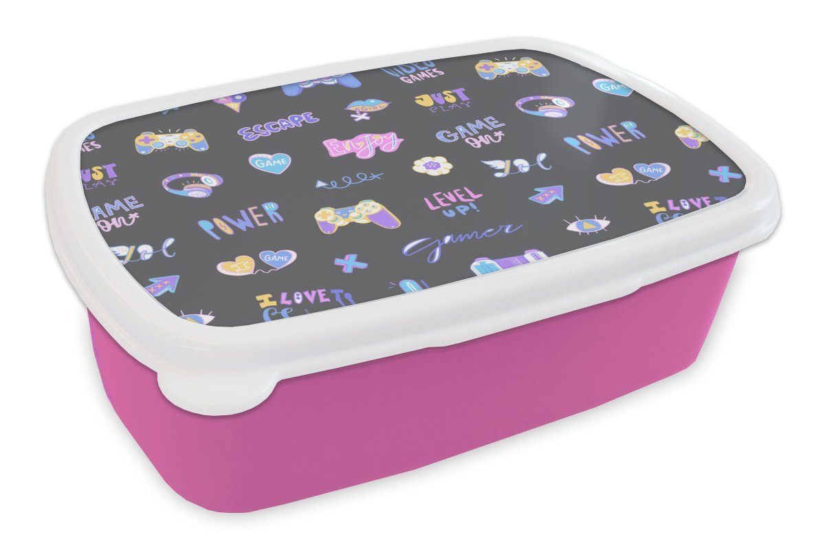 MuchoWow Lunchbox Mädchen - Spiele - Konsole - Muster - Mädchen - Kinder - Kind - Kind, Kunststoff, (2-tlg), Brotbox für Erwachsene, Brotdose Kinder, Snackbox, Mädchen, Kunststoff rosa