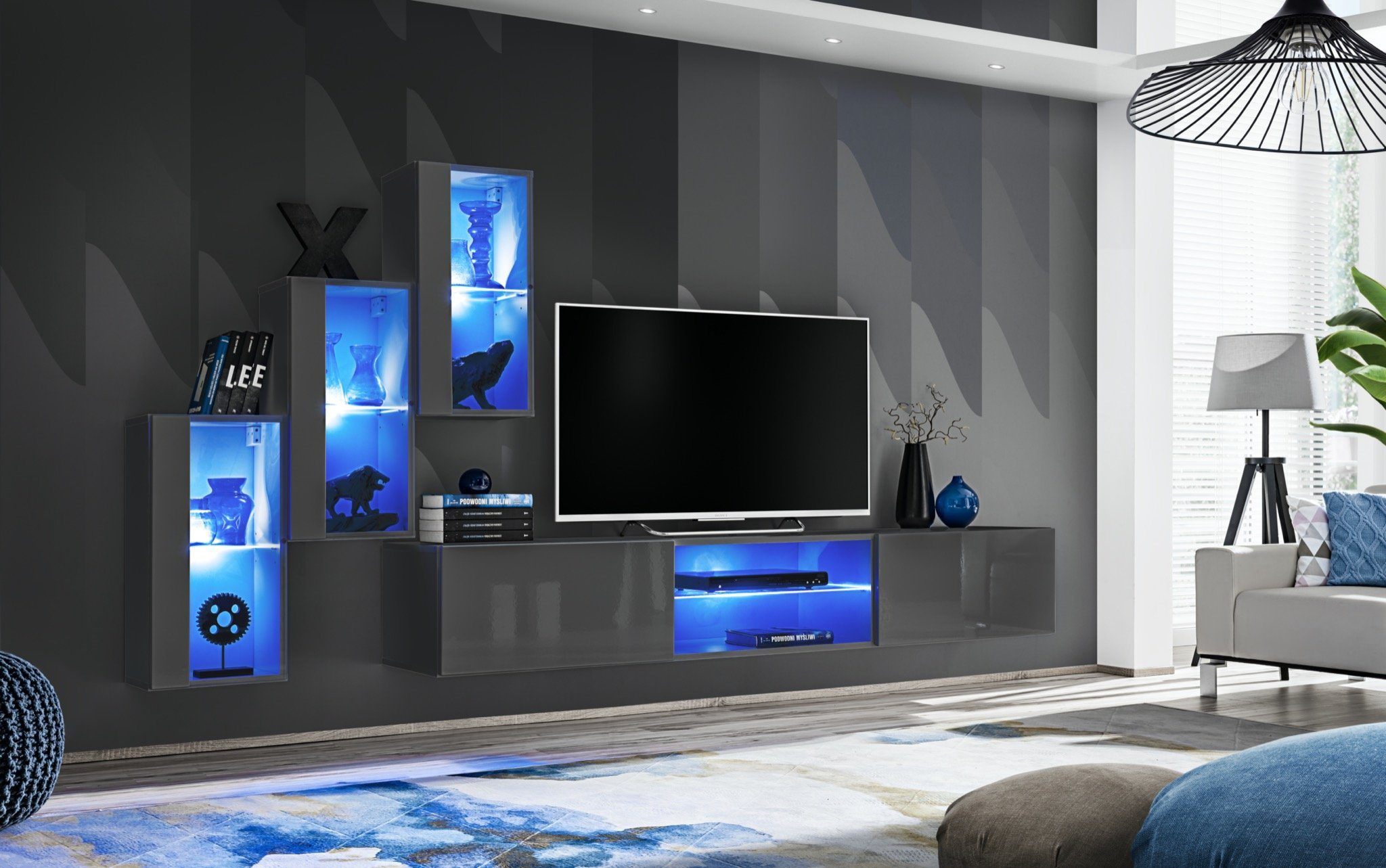 JVmoebel Wohnwand Garnitur Luxus (4-St., Vitrine), 4tlg Wohnwand Set + TV-Ständer Holzmöbel, TV Hänge 3x LED Designer Ständer beleuchtet