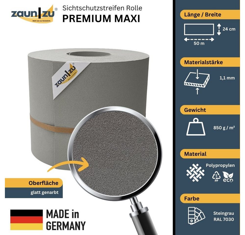 Thumbnail - zaunzu Sichtschutzstreifen Premium Maxi für Doppelstabmatten 24cm hoch Steingrau 50m, (1x Rolle, 24cm hoch, UV-beständig...