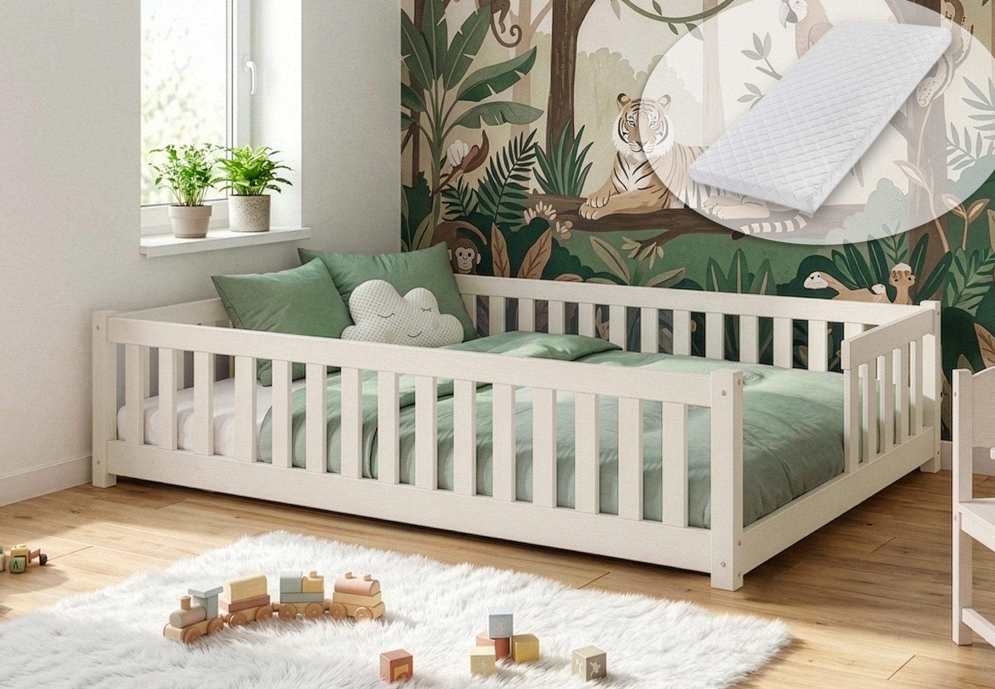 Kinderbett Bodenbett mit Rausfallschutz & Lattenrost Montessori Betten Kinder