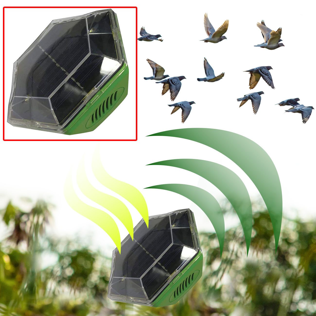 ISOTRONIC Ultraschall-Tierabwehr 2in1 Vogelschreck: Ultraschall & Licht, Solar + Akku, 100-150m², IP43, 1-tlg., Kann auch Kleintiere abschrecken