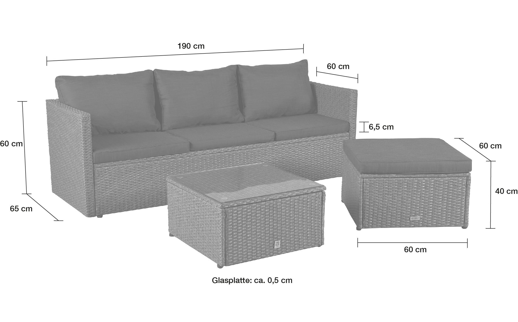 LC Garden Gartenlounge-Set Loungino« Poly Rattan Balkon Lounge Set Sofa + Hocker +Tisch Set, (Loungeset, 3-tlg., Set 3 tlg), Polsterung: Schaumstoff (waschbar bei 30 Grad)
