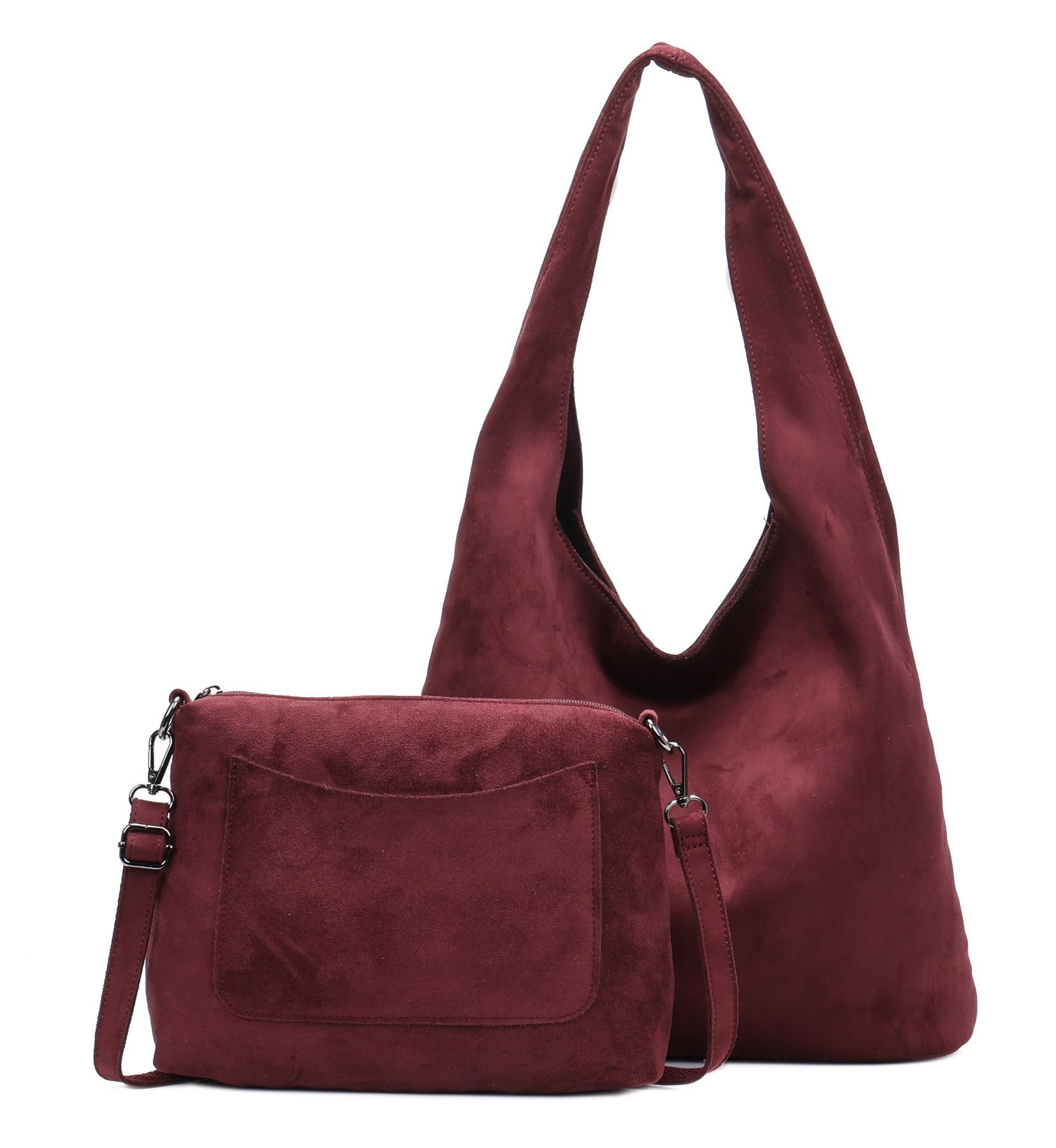 ITALYSHOP24 Schultertasche Damen Tasche Set 2in1 Shopper Handtasche Crossbody Velours CrossOver (Spar-Set 2 in1 Hobo + Crossbody Bag / Schmucktasche, Leichtgewicht, Wildleder Optik), Hobo Bag Umhängetasche Body Bag Beuteltasche Workbag Freizeit Urlaub