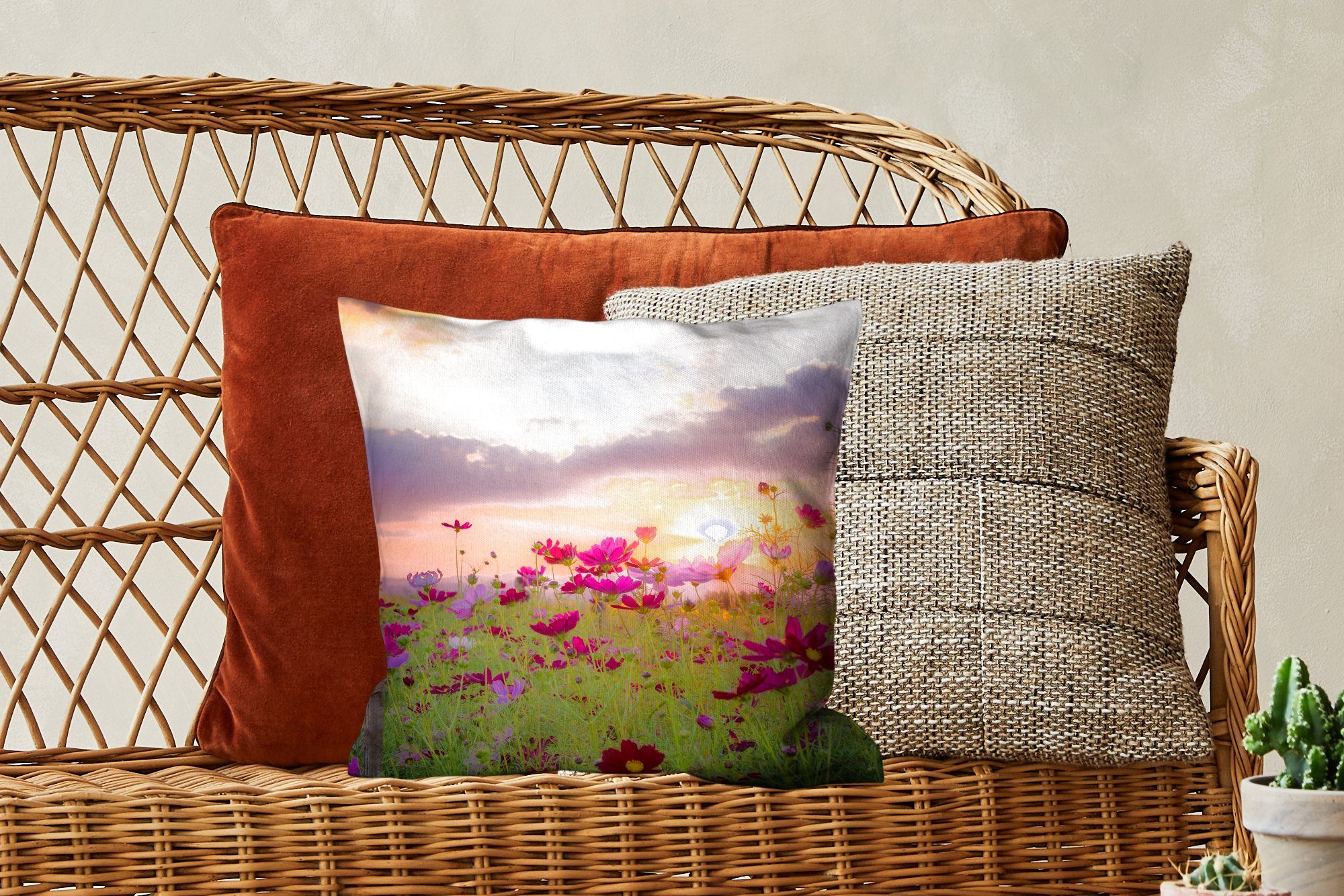 Rosa Sonnenuntergang MuchoWow für Füllung Natur - - Deko, Blumen - Sofakissen Grün, Schlafzimmer, Zierkissen mit Wohzimmer, - Dekokissen
