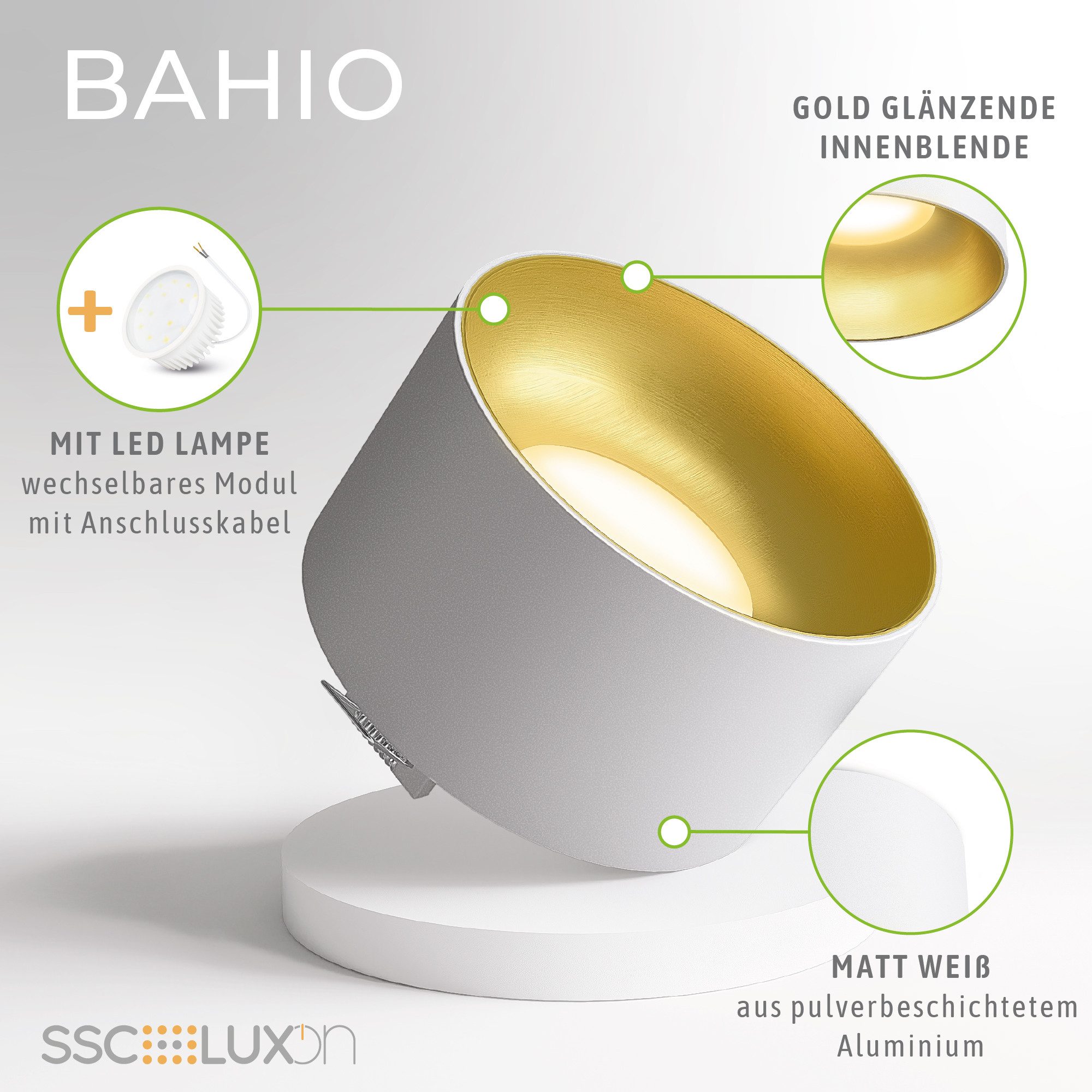 SSC-LUXon LED Aufbaustrahler BAHIO LED Aufbauspot weiß gold 6W dimmbar 3CCT Downlight, Neutralweiß, Warmweiß, Tageslichtweiß – Bild 3 von 5