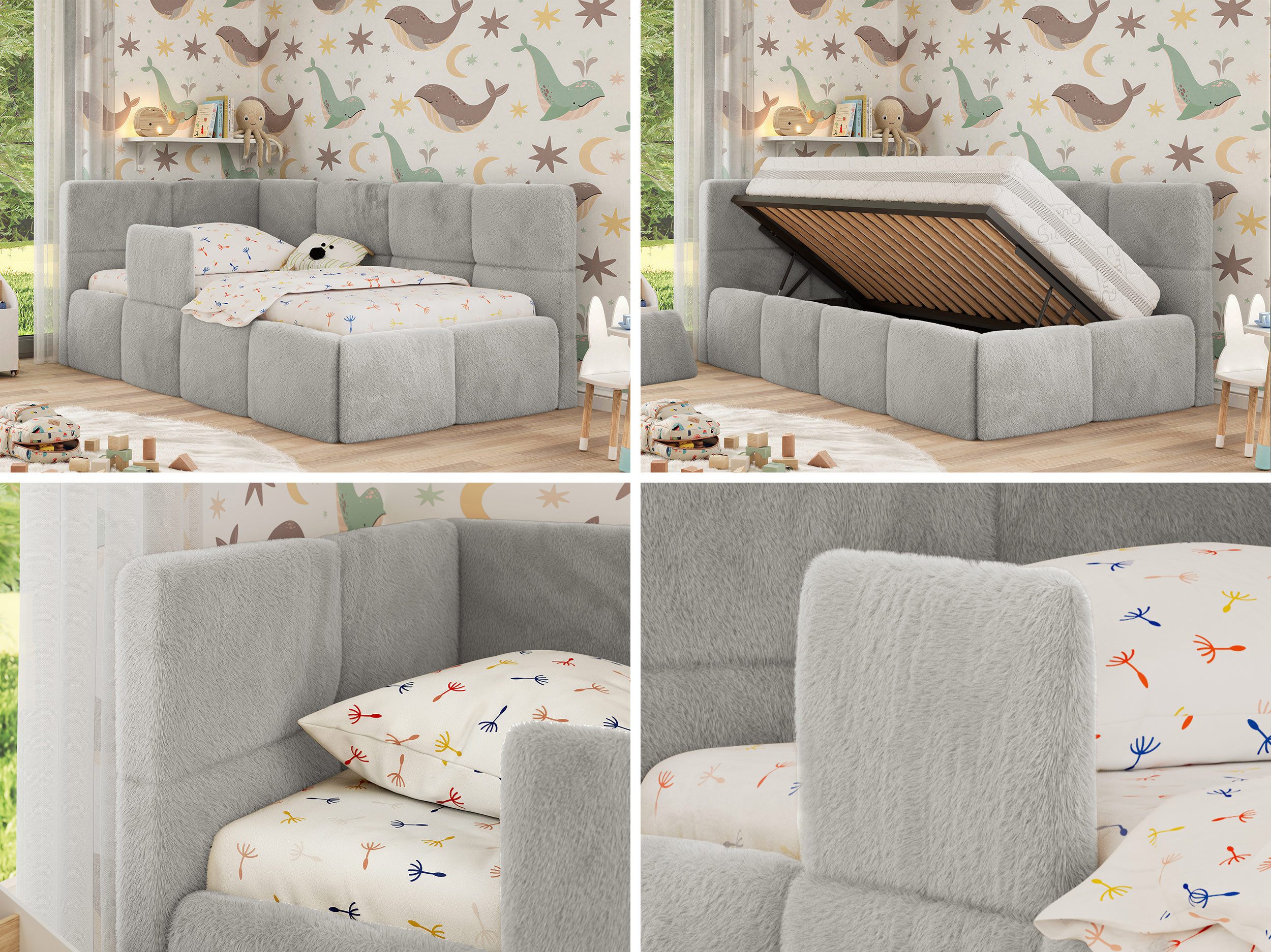 MKS MÖBEL Kinderbett ARVO ALTA (Set, inkl. Lattenrost, Bettkasten, Sicherheitsbarriere & Kopfteil), Eckbett mit Stauraum, Rausfallschutz & Gasdruckfedern