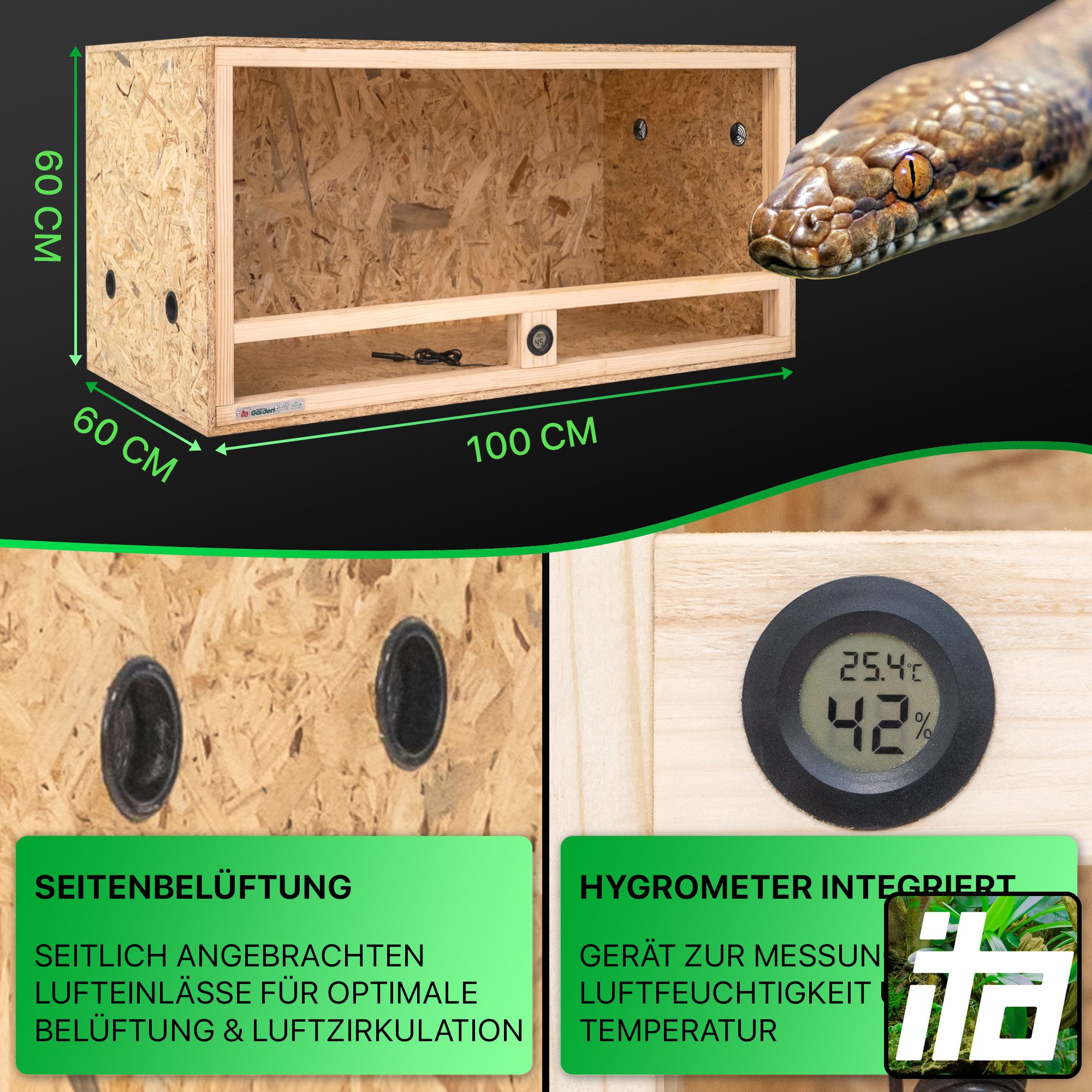 ITA Terrarium Holz Terrarium 100х60х60 mit Seitenbelüftung & Integriertem Hygrometer, Holzterrarium aus OSB - Terrarien für Reptilien, Schlangen, Amphibien
