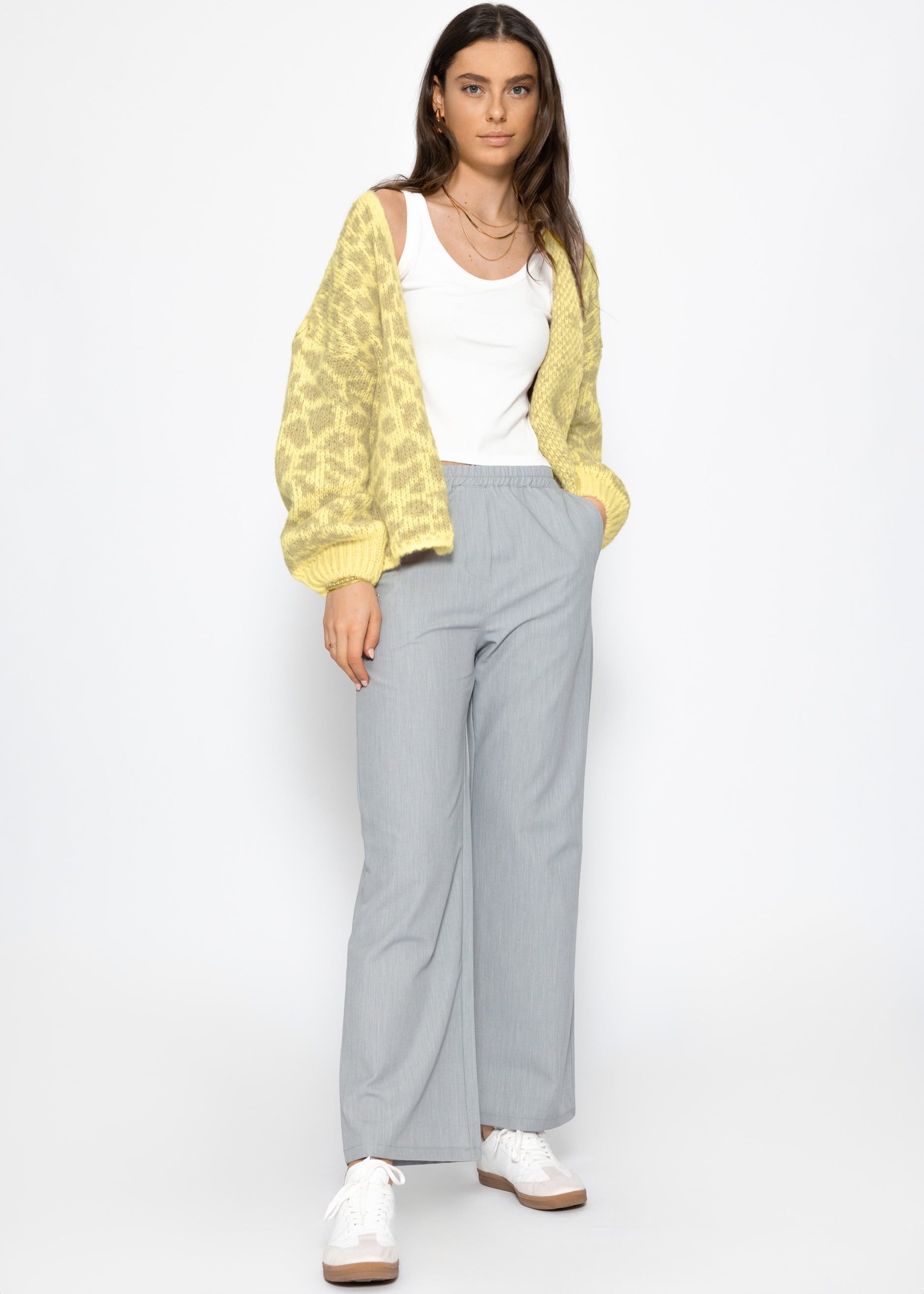 SASSYCLASSY Cardigan Cardigan Damen aus Grobstrick mit Lepardenmuster Oversized offen fallende Leo-Strickjacke Pink Orange Gelb Burgundy