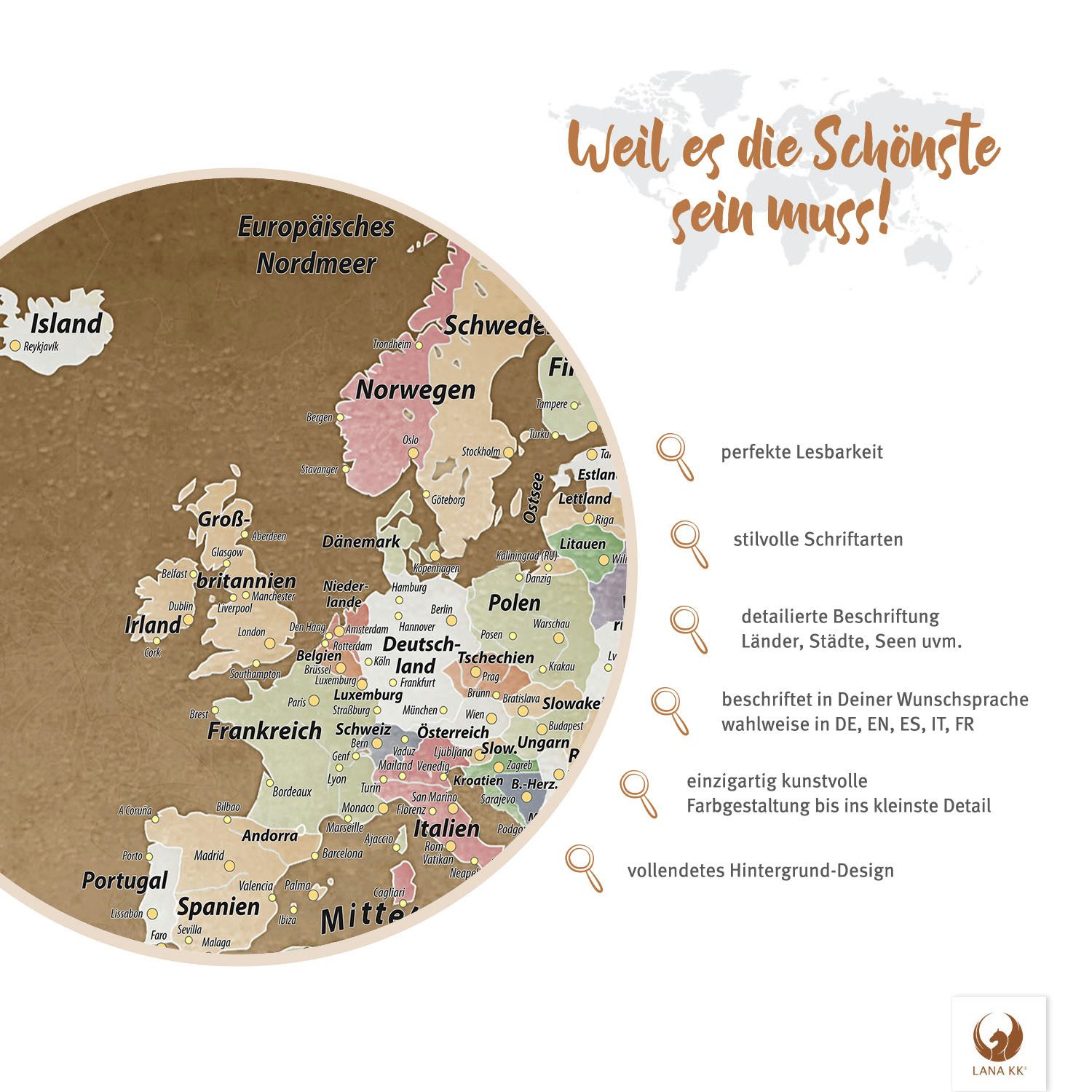 LANA KK Leinwandbild Weltkarte Pinnwand zum markieren von Reisezielen, deutsche Beschriftung