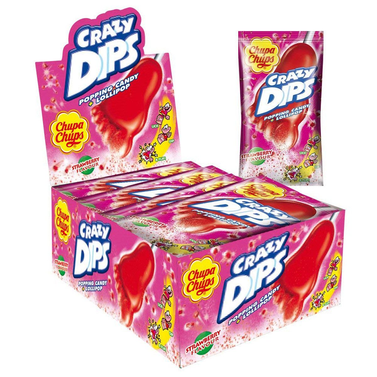 Chupa Chups Süßigkeit, Chupa Chups Crazy Dips Lutscher mit Erdbeergeschmack 14g 24er Pack