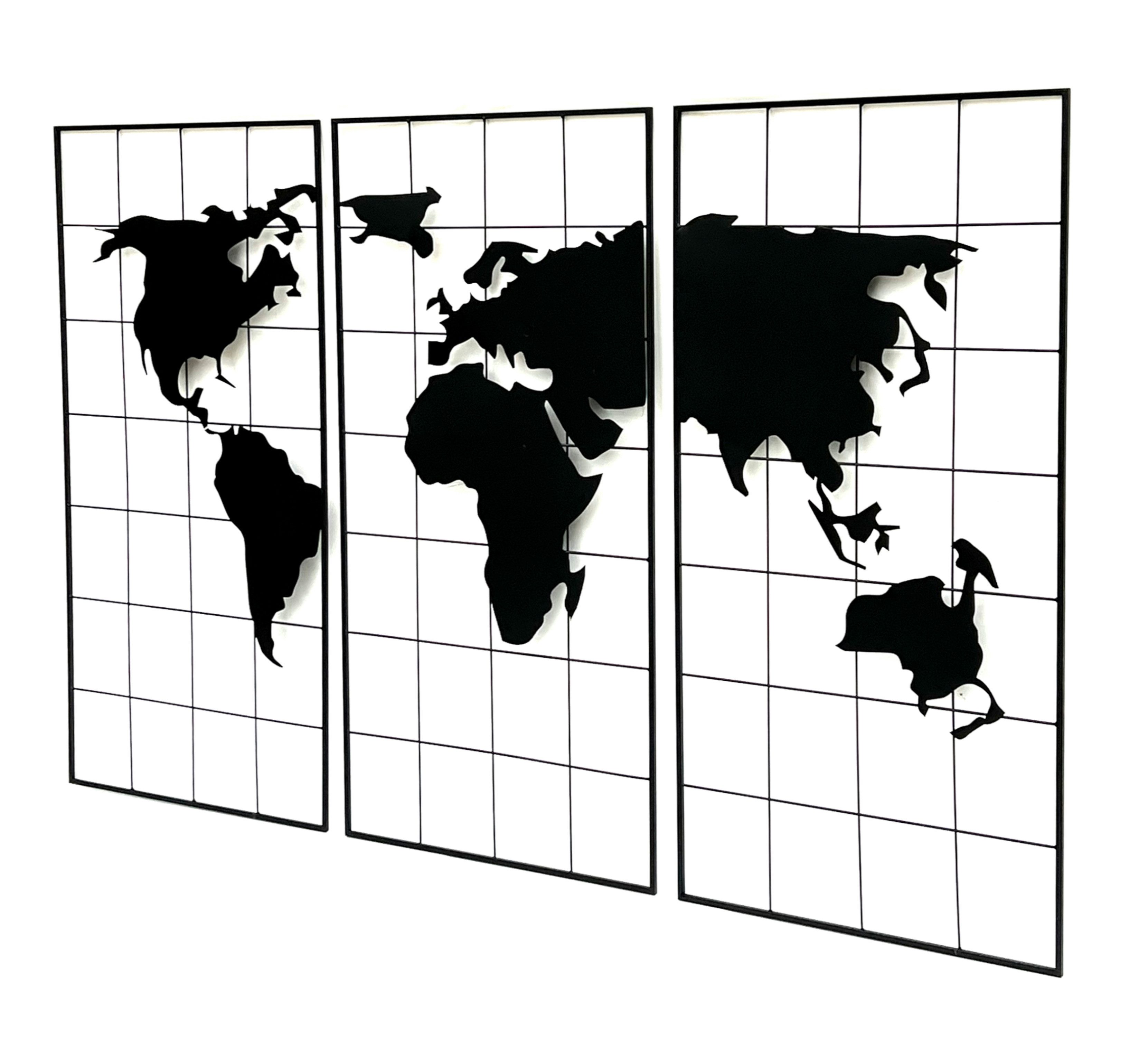 DanDiBo Wandbild Wanddekoration Weltkarte Metall 170x100 cm Schwarz 3-teilig, Dekoschild 210329 Weltatlas Dekoration Schild Wand Wandkunst