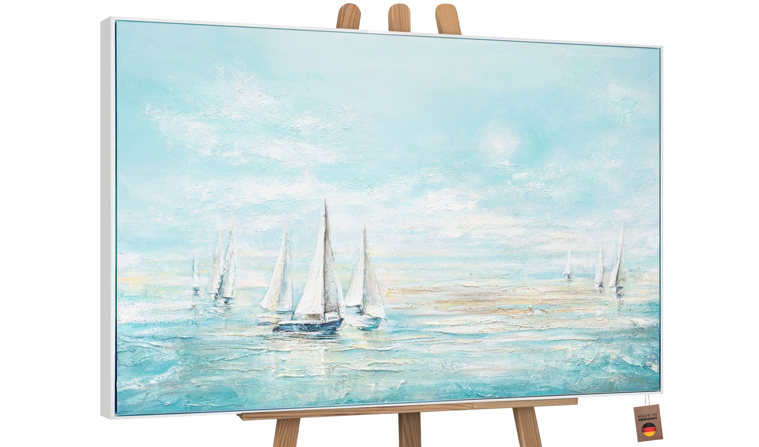 Hellblau Gemälde Weiß Rahmen Handgemalt Meer in Mit YS-Art Meeresblau, Blau Segelboote Landschaft, Bild Leinwand