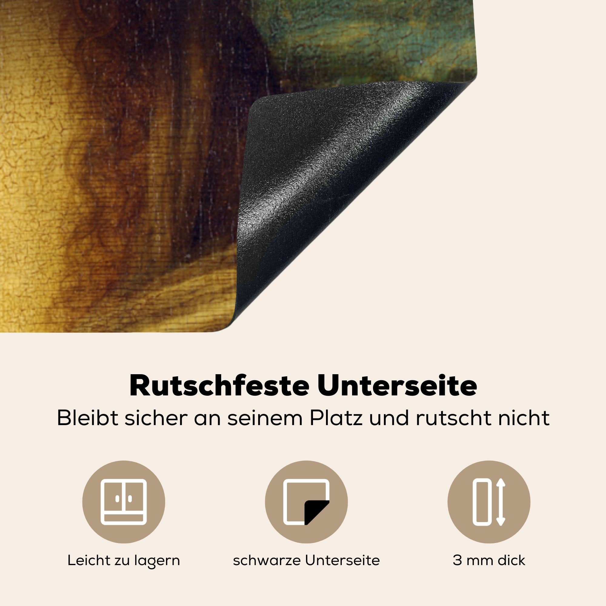 78x78 küche Arbeitsplatte Mona cm, (1 MuchoWow Lisa - da für Kunst, tlg), Ceranfeldabdeckung, Vinyl, Leonardo Herdblende-/Abdeckplatte Vinci -