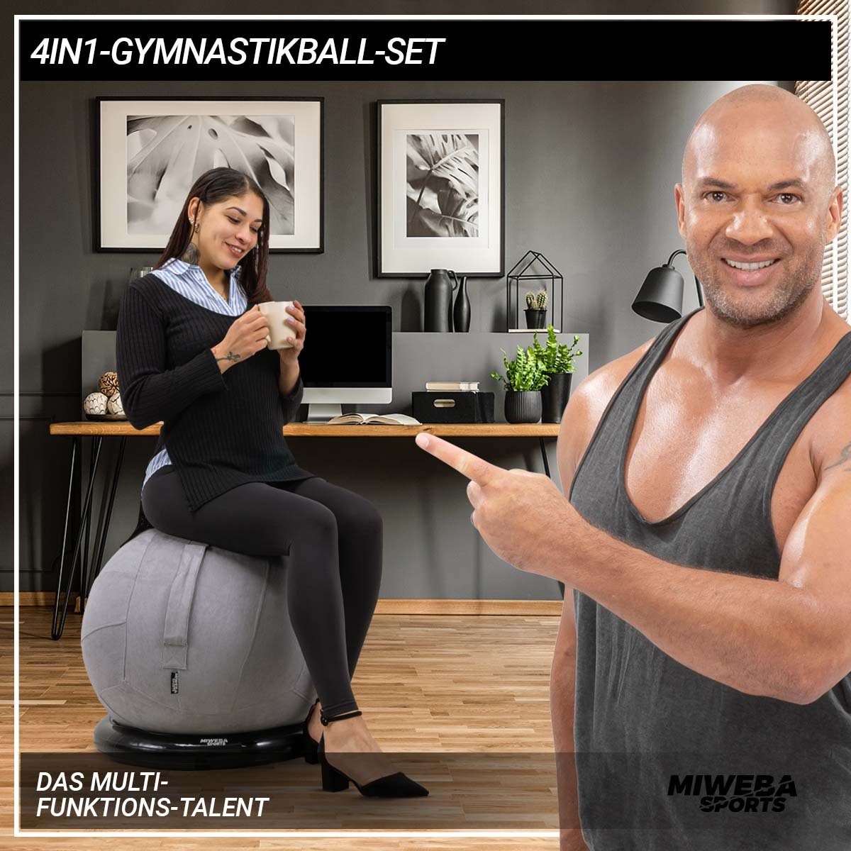 Miweba Sports Gymnastikball 4in1 Gymnastikball-Set inkl. Ballschale & Expander-Bänder. (ergonomischer Sitzball für Zuhause & Büro, Ballhocker, Balance Ball, Schwangerschaftsball, Sitzmöbel, Schreibtischstuhl, Massage Ball, Medizinball, Fitnessball, rutschsichere Standfläche, Wildleder-Optik, 70 cm Sitzhöhe, 65 cm Durchmesser, Ballauflage, Gymnastik-Schlingentrainer-Set, 4-St., Bezug, Tragegriff, Fußpumpe, 500 Kg Benutzergewicht), Gymnastik Pilates Sport Training Yoga Ball - Schlingentrainer