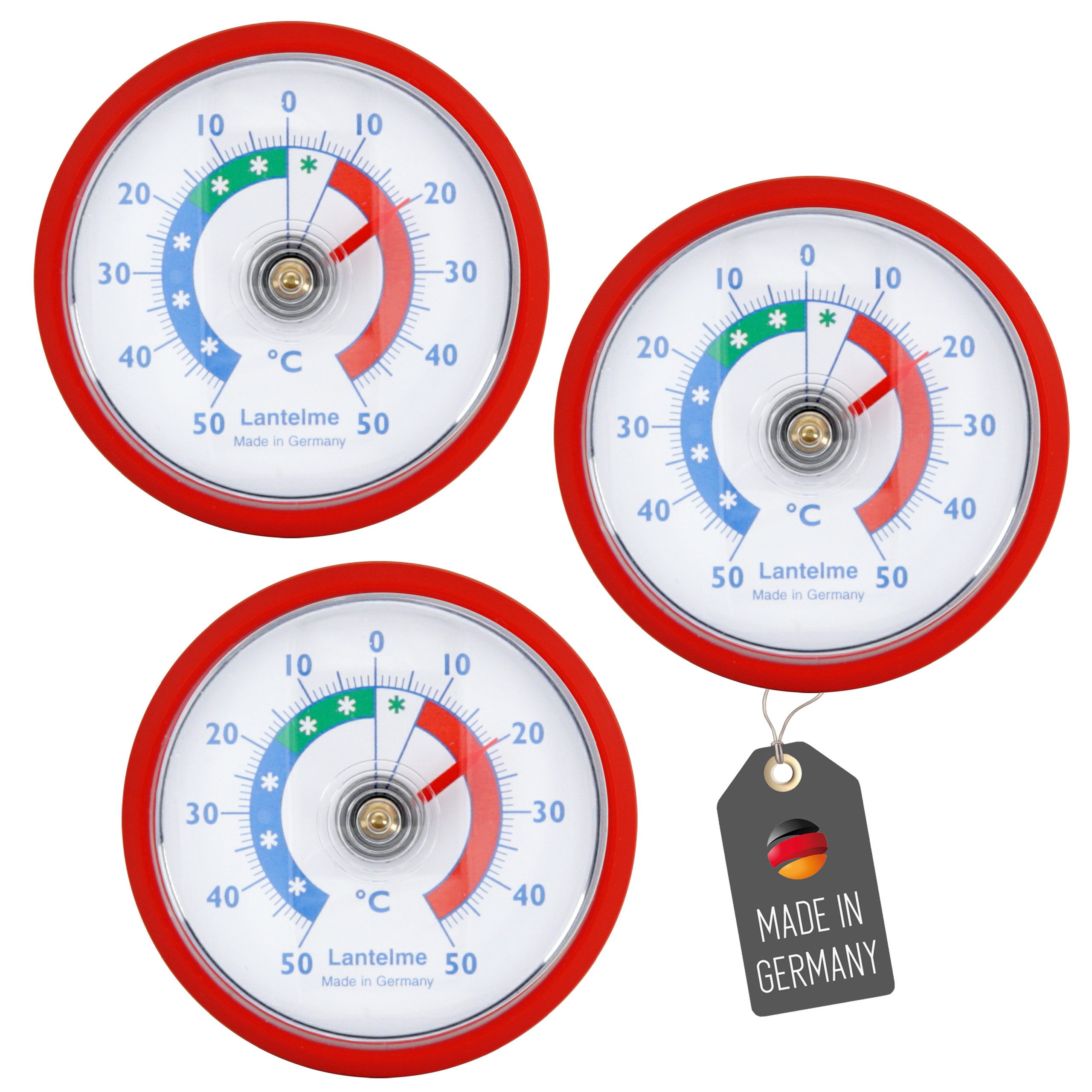 Lantelme Kühlschrankthermometer 3 Stück Selbstklebend Gefrierschrank Kühltheke Kühlschrank Thermometer, 3-tlg., 3 Stück im Set, Farbauswahl, Klebepads anbei, Deutsche Herstellung, Temperaturanzeige + - 50°C Analog