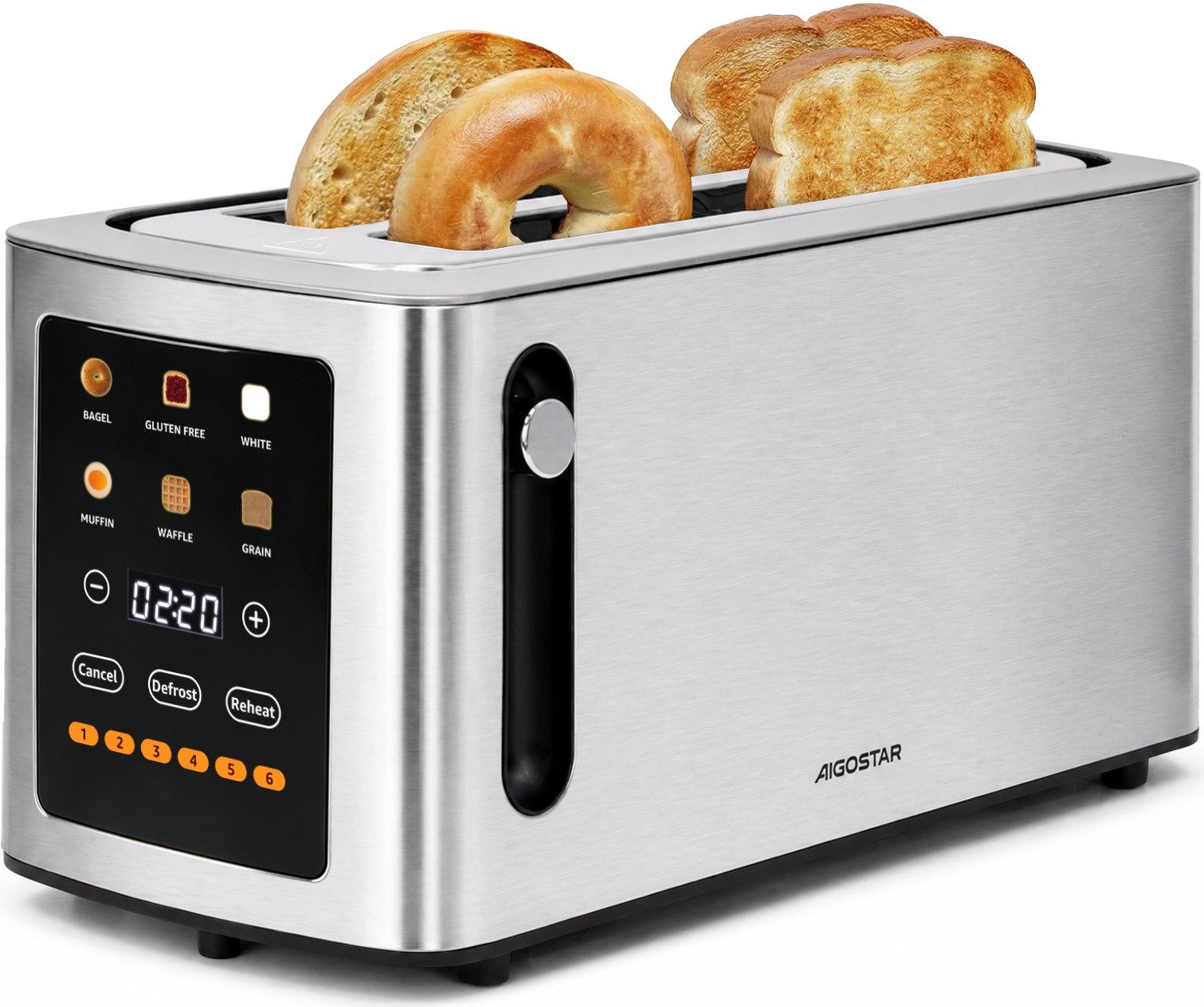Aigostar Toaster 2/4 Scheiben Digitaler Langschlitz, 6 Bräunungsstufen, Touchscreen, 2 lange Schlitze, 1750 W, Farb LCD Countdown, 6 Brotprogrammen & Krümelschublade