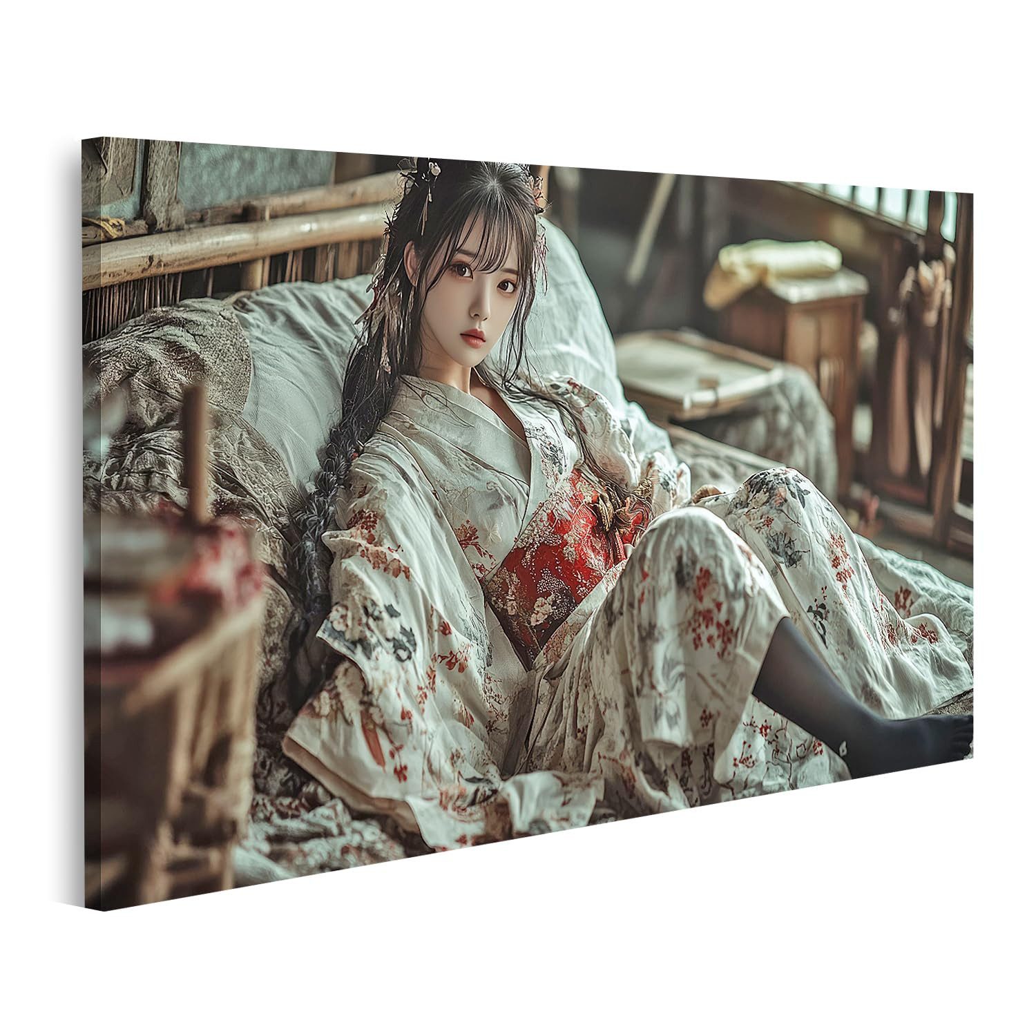 islandburner Leinwandbild Frau in traditioneller asiatischer Kleidung auf Bett