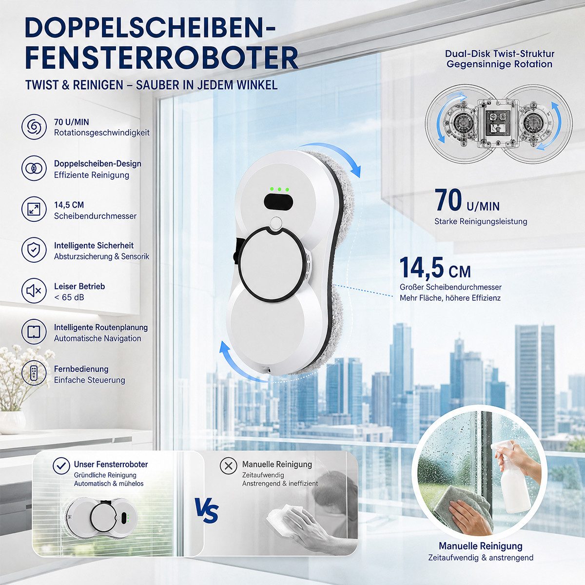 Rhein Beleuchtung Fensterputzroboter Fensterputzroboter – Automatischer Fensterreiniger, (1-St., Set, 2800 Pa Saugkraft, Für Fenster, Glas & schwer zugängliche  – Bild 5 von 5