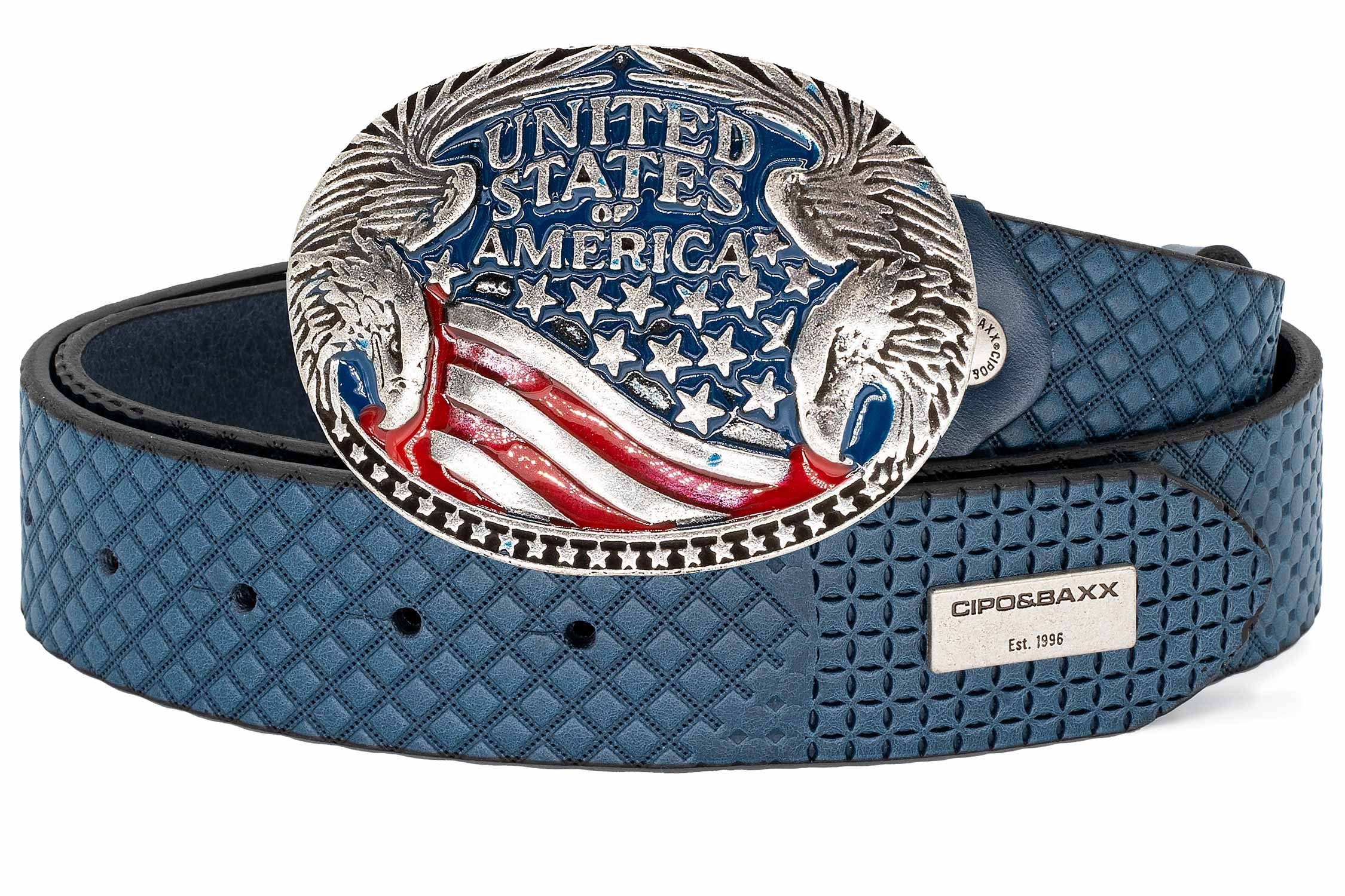 Cipo & Baxx Ledergürtel Herren Gürtel BA-CG197 Blue 85cm x 4cm (1-St) Schnalle in USA-Optik und Metall Patch