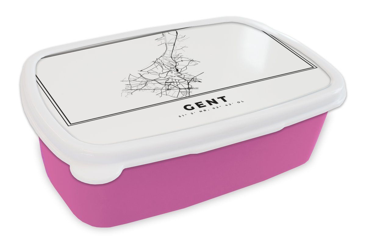 MuchoWow Lunchbox Karte - Belgien - Gent - Karte - Stadtplan - Schwarz und weiß, Kunststoff, (2-tlg), Brotbox für Erwachsene, Brotdose Kinder, Snackbox, Mädchen, Kunststoff rosa