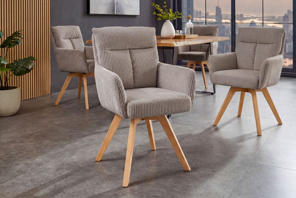 riess-ambiente Polsterstuhl BIG GEORGE greige/natur - Cord, 360° Drehfunktion, Taschenfederkern (Einzelartikel, 1 St), mit Armlehnen & Buchenholz-Beinen – ideal für gemütliche Esszimmer
