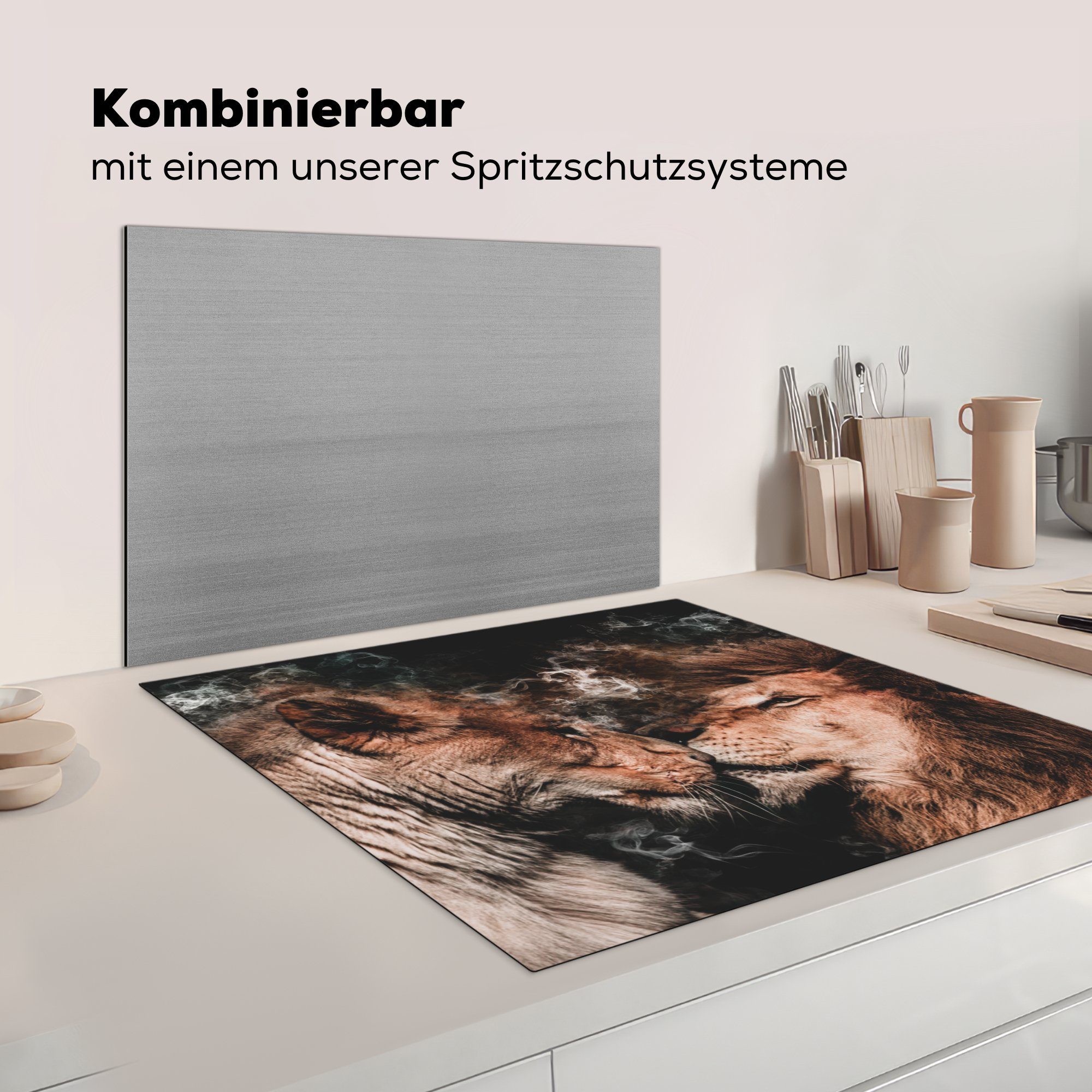 Vinyl, küche (1 - Ceranfeldabdeckung, Arbeitsplatte für Löwe Rauchen Liebe, MuchoWow 78x78 cm, tlg), - Herdblende-/Abdeckplatte