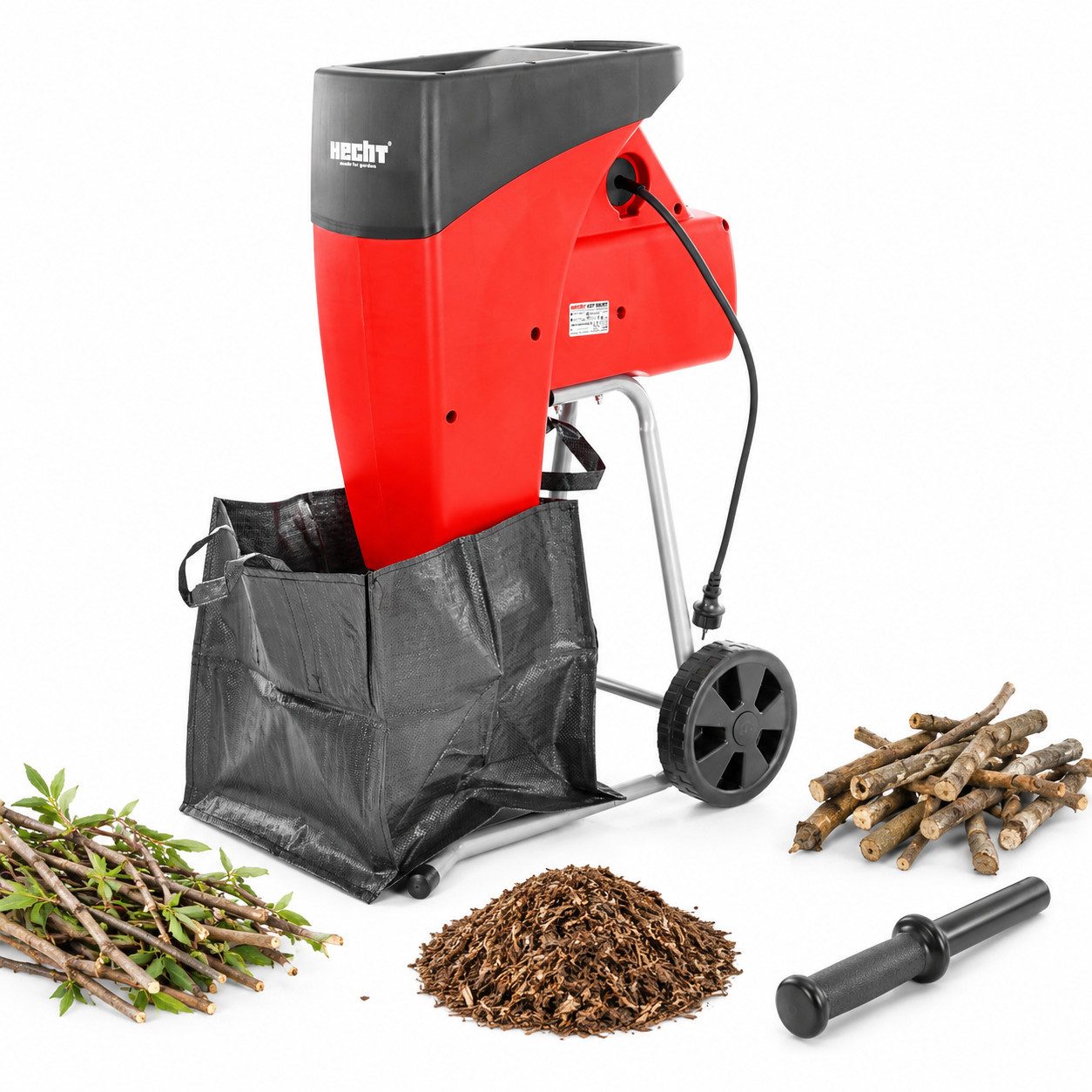Hecht Leisehäcksler Gartenhäcksler Holzhäcksler 2500W 91dB(a) mit Stopfer und Rücklauf, 4 cm max. Astdurchmesser, Fahrbar, Walzenhäcksler, Fangsack 65L, 25kg