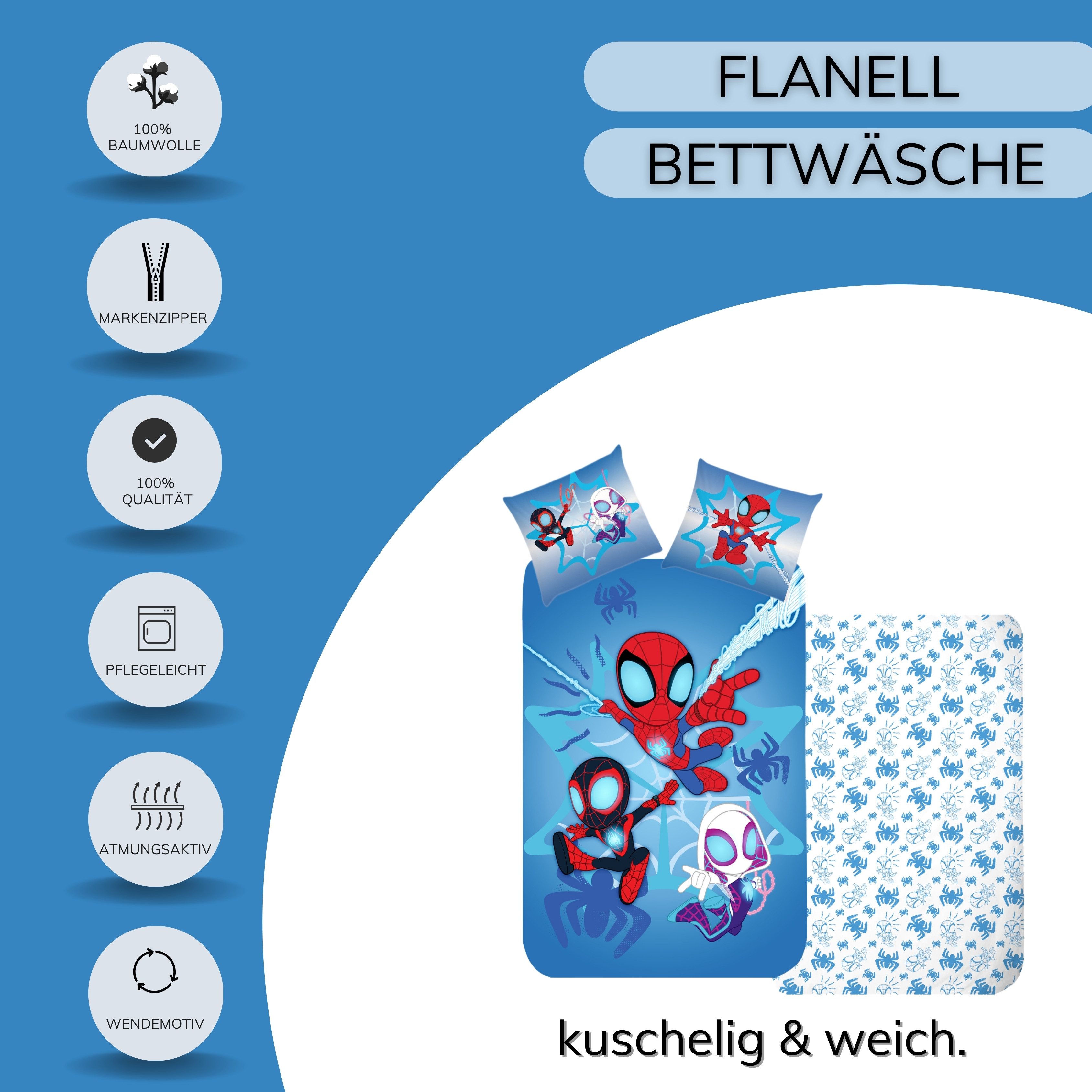 MTOnlinehandel Kinderbettwäsche Spidey & Friends "Helden der Nacht", Geschenkidee, 100% Baumwolle, 2 teilig, Winterbettwäsche kuschelig und weich für Jungen und – Bild 4 von 5