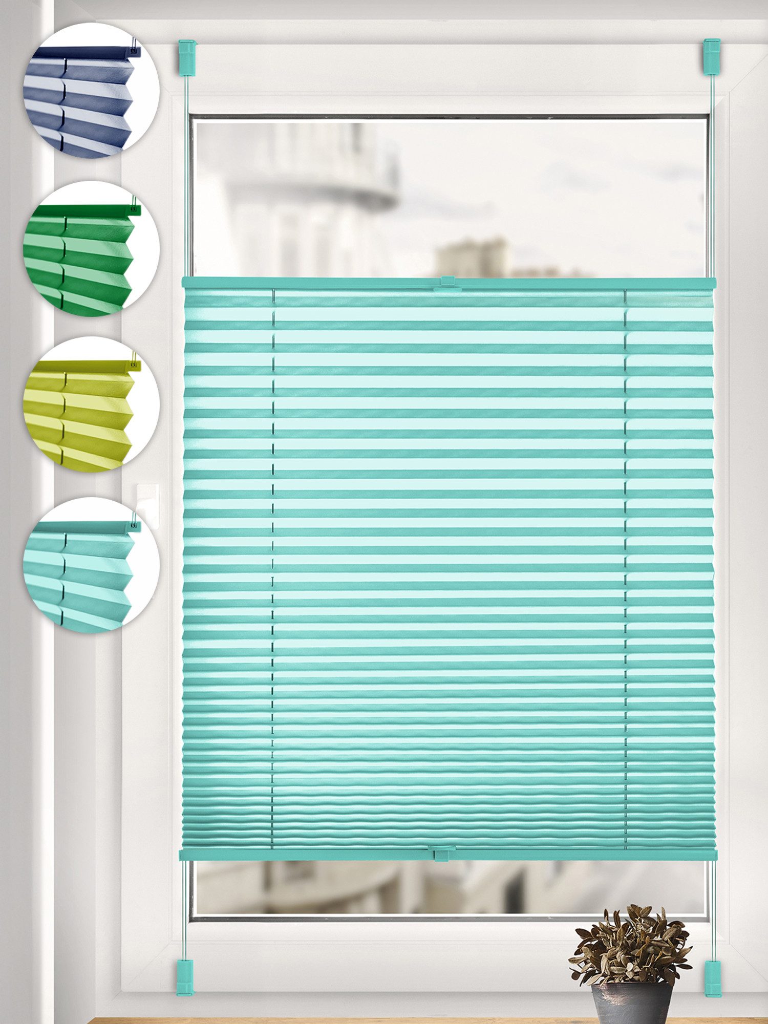 Sonello Plissee ohne Bohren Rollo Klemmfix für Fenster & Tür Lichtschutz, blickdicht, ohne Bohren, verspannt, Klemmfix, 30cm x 100cm Türkise Faltrollo, Easyfix, Sonnenschutzrollo, Jalousie