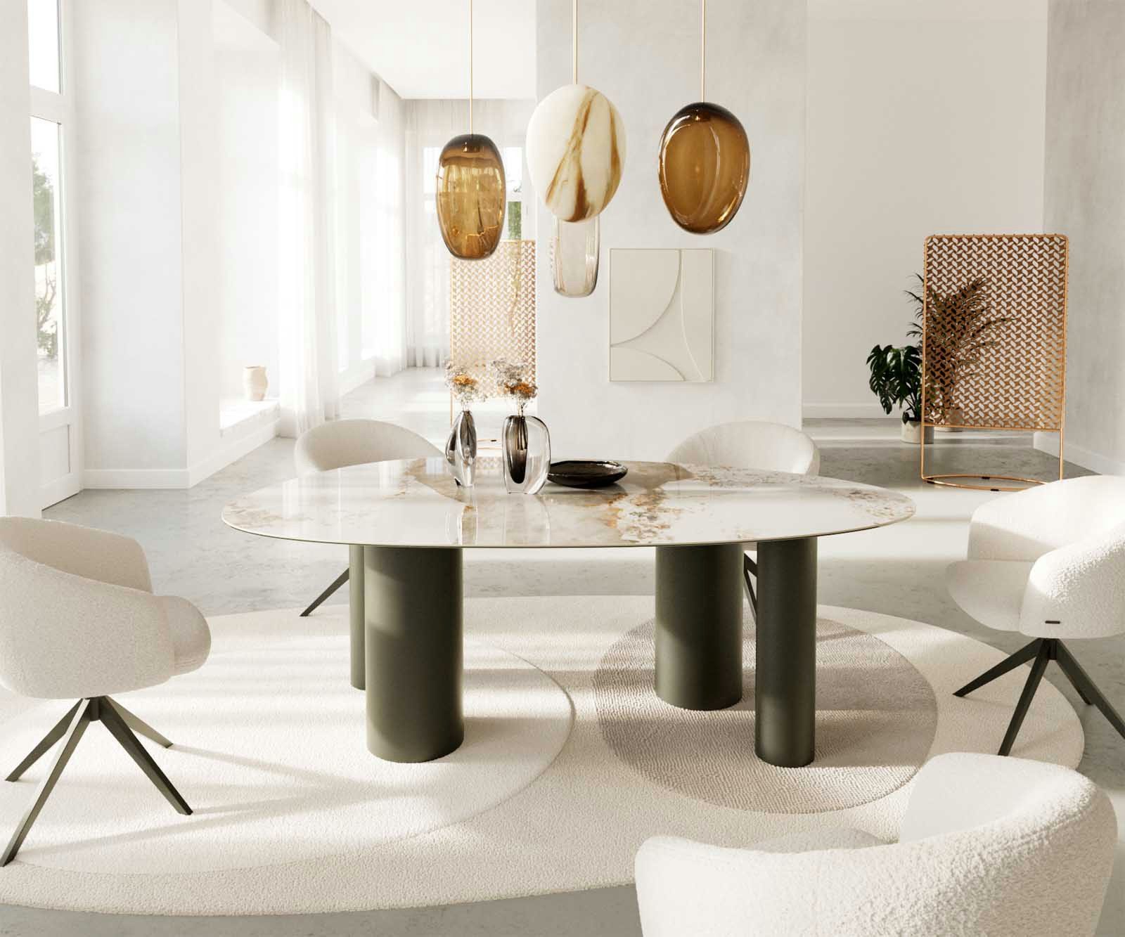 DELIFE Esstisch Edge, Oval Keramik Minas Melange Weiß-Beige 220x120 Pilier Metall Effektfini