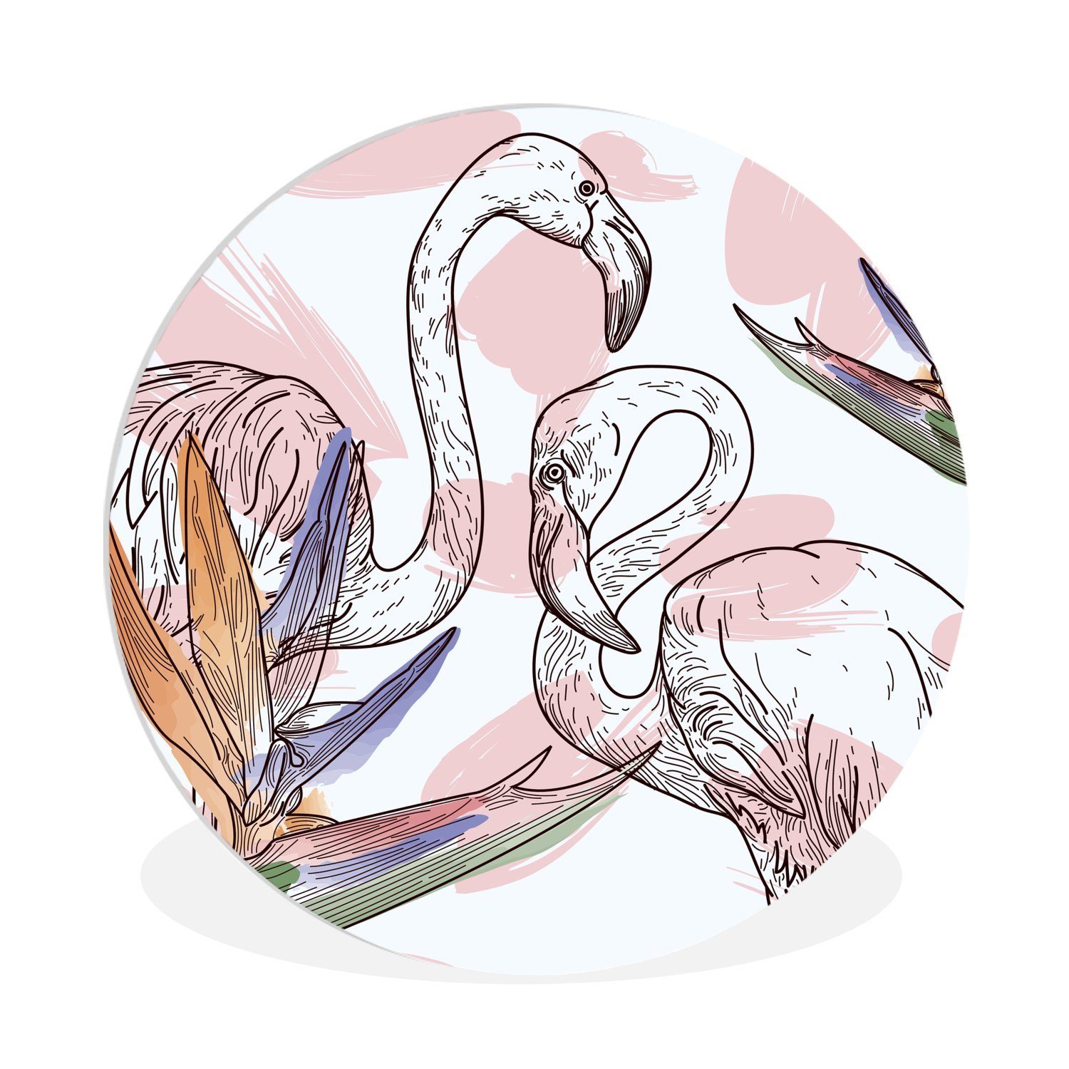 MuchoWow Gemälde Vogel - Pflanzen - Flamingo - Muster, (1 St), Kreis Wanddekoration Forex, Rundes Wandbild, Wohnzimmer, 30x30 cm