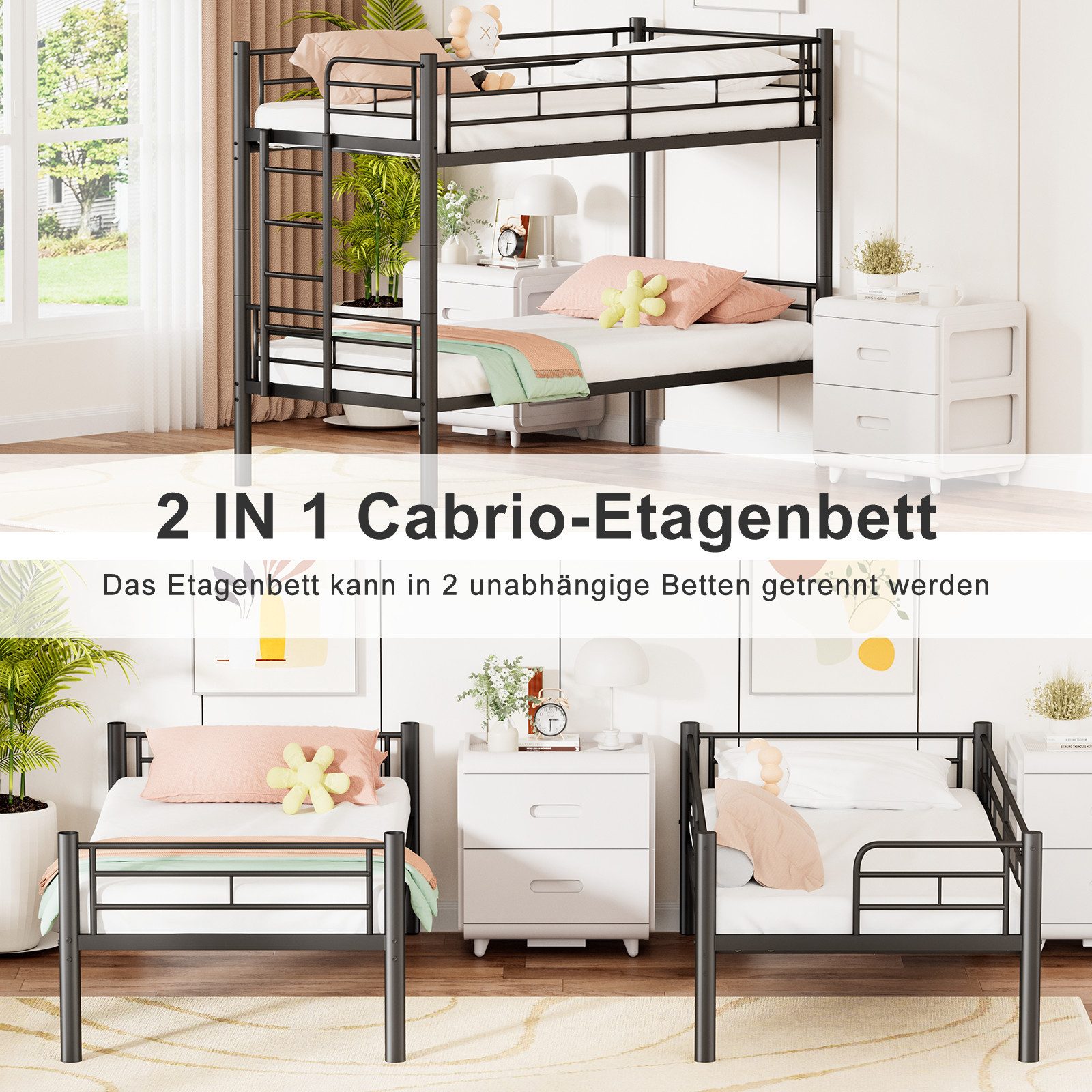 Drenice bunk bed 90x200cm, children's beds 90x200cm, iron bed, convertible to 2 single beds (Bunk Bed Kids with safety rail, convertible to 2 single beds), bunk bed with slatted base and anti-slip stairs, black