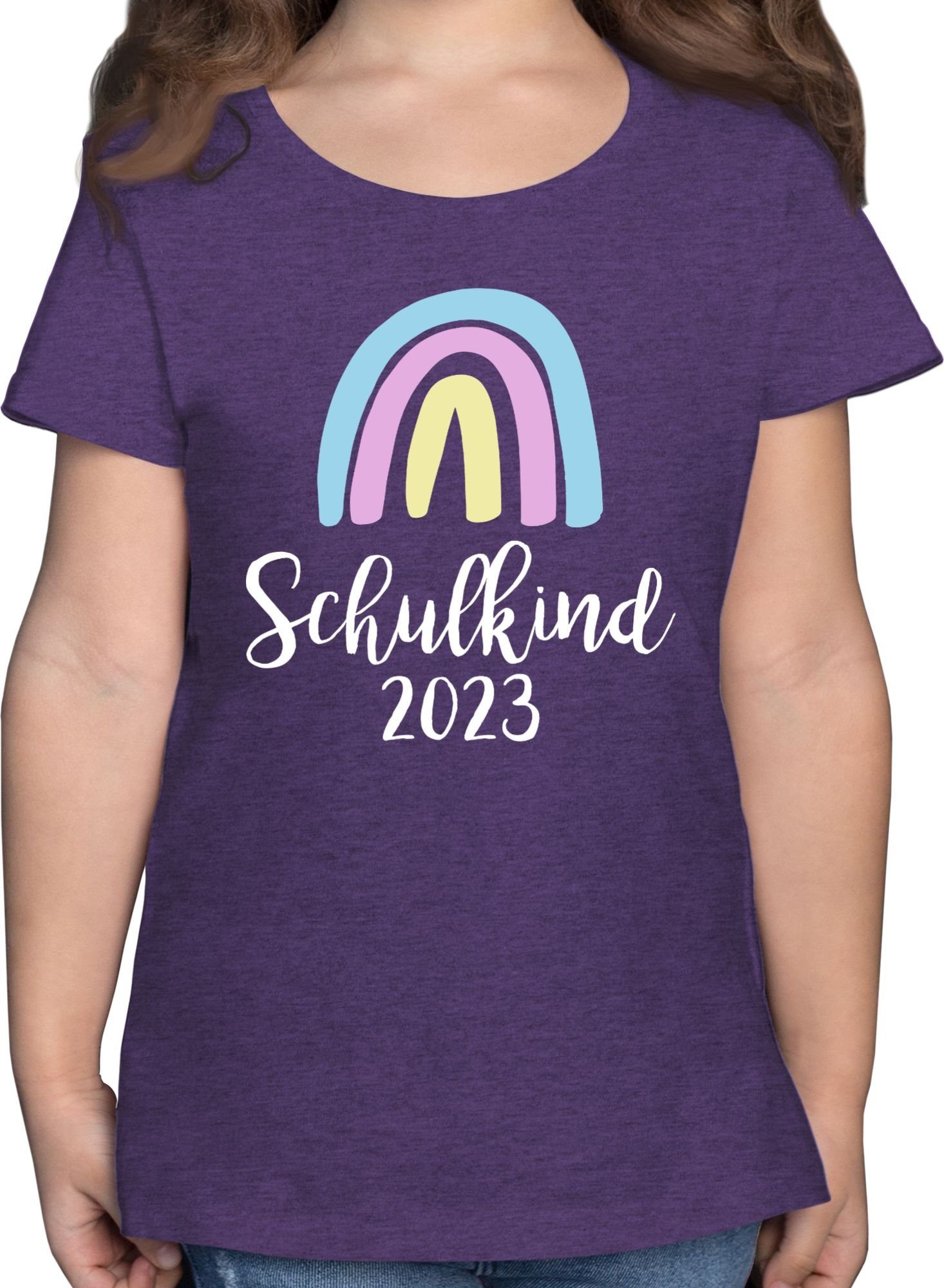 Shirtracer T-Shirt Schulkind 2023 Regenbogen Pastell / Weiß Einschulung Mädchen 2 Lila Meliert