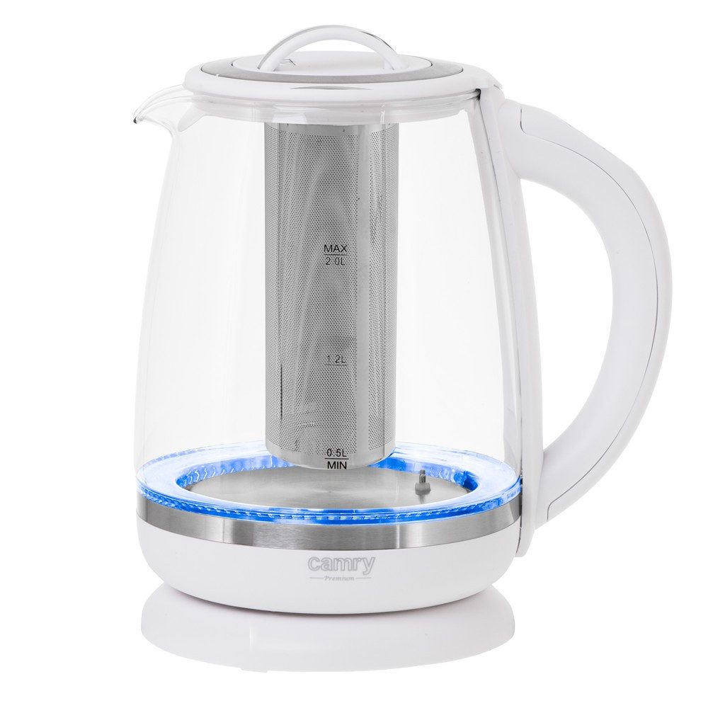 Camry Wasserkocher CR 1290w Glaswasserkocher mit Temperaturwahl, 2 l, 2200 W, mit Teesieb, Warmhaltefunktion, LED Beleuchtung, Glas Teekocher, Weiß