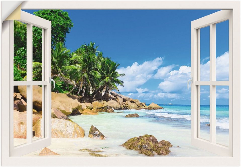 Artland Wandbild Küste mit Palmen durchs Fenster, Karibikbilder (1 St), als  Alubild, Leinwandbild, Wandaufkleber oder Poster in versch. Größen, Fertig  zum Aufhängen für einfache Montag