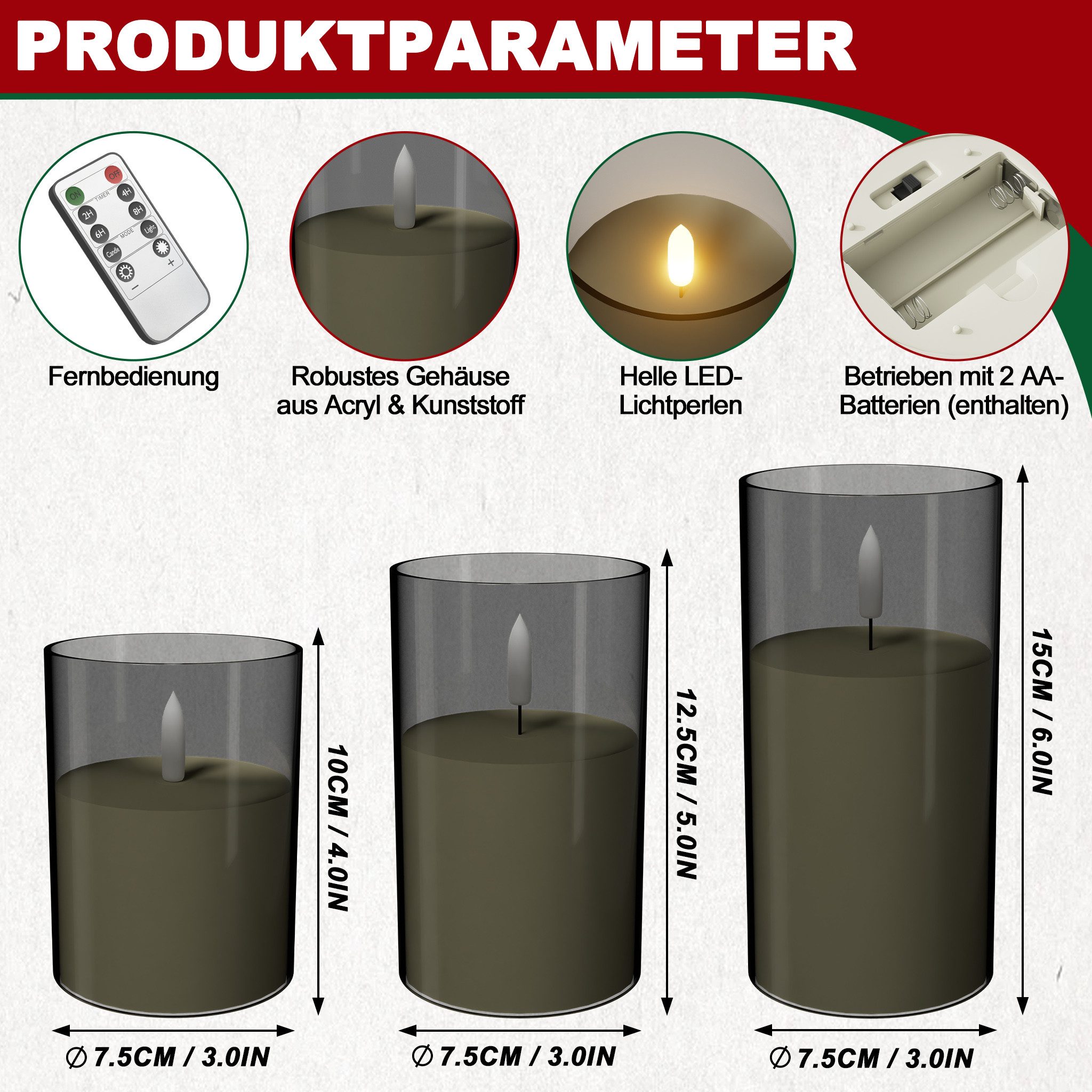 FIVMEN LED-Kerze 3 Stück LED Kerzen Flammenlosekerzen mit Fernbedienung Acryl Shell