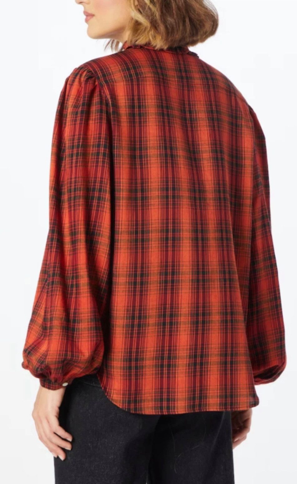 Polo Ralph Lauren ruffled blouse, checked relaxed fit shirt with ruffled collar, relaxed fit ruffled collar with tie, stand-up collar design