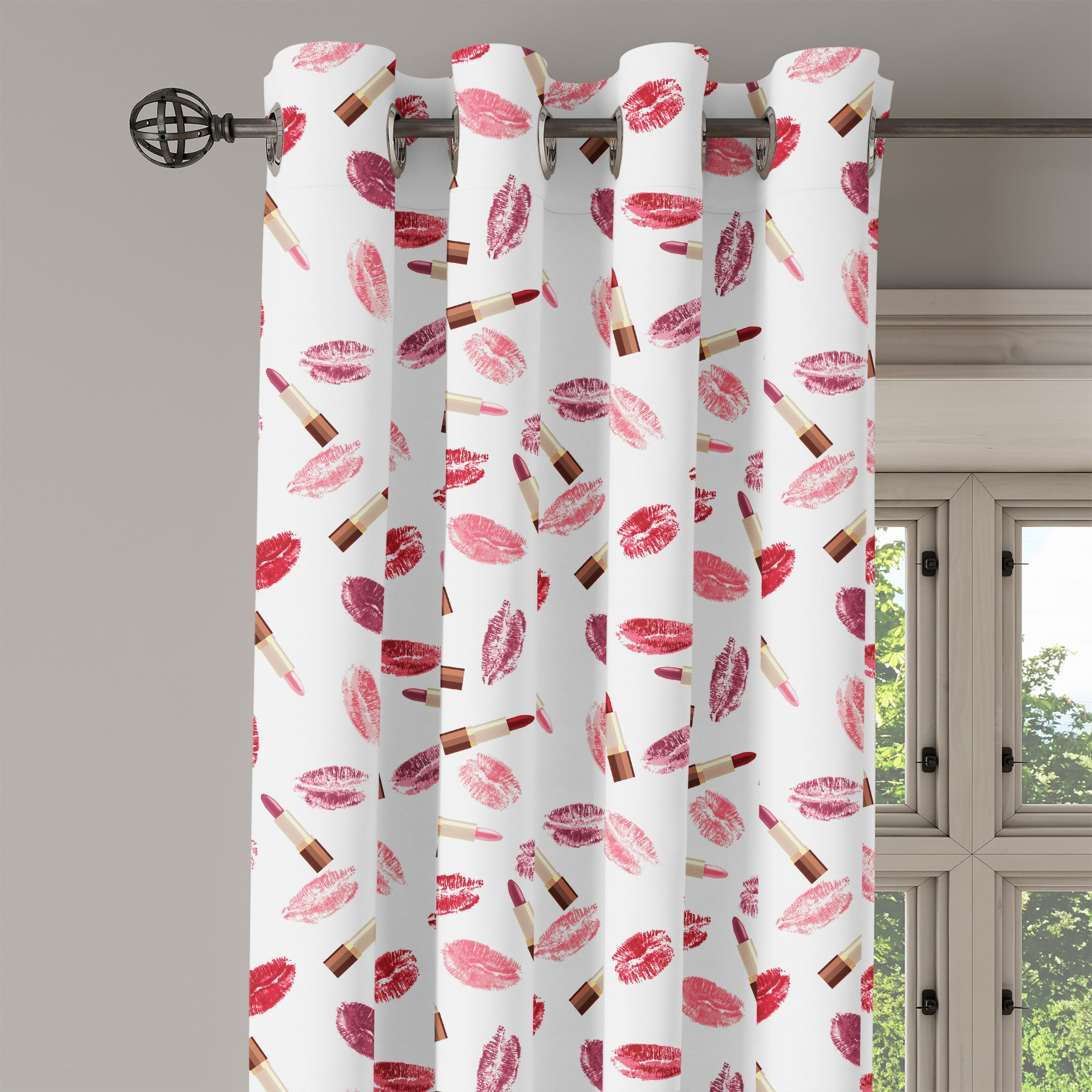 Gardine Dekorative 2-Panel-Fenstervorhänge für Schlafzimmer Kosmetika Wohnzimmer, Lippenstift-Kuss Makeup Abakuhaus