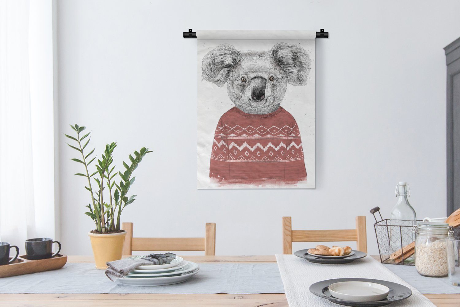 für - Deko Pullover Winter Rot, - Wanddekoobjekt Wand, Wohnzimmer, - MuchoWow Tapisserie, der an Schlafzimmer Koala