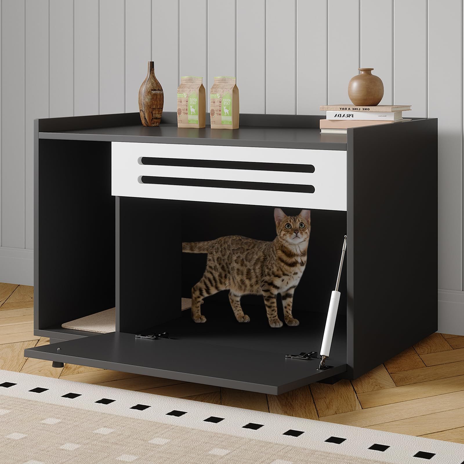 GarveeMore Katzenhaus Katzentoiletten-Schrank mit Seitentür, erhöhter Rand, Belüftung, Zweifarbiges Design, 1 Tür, 2 offene Fächer