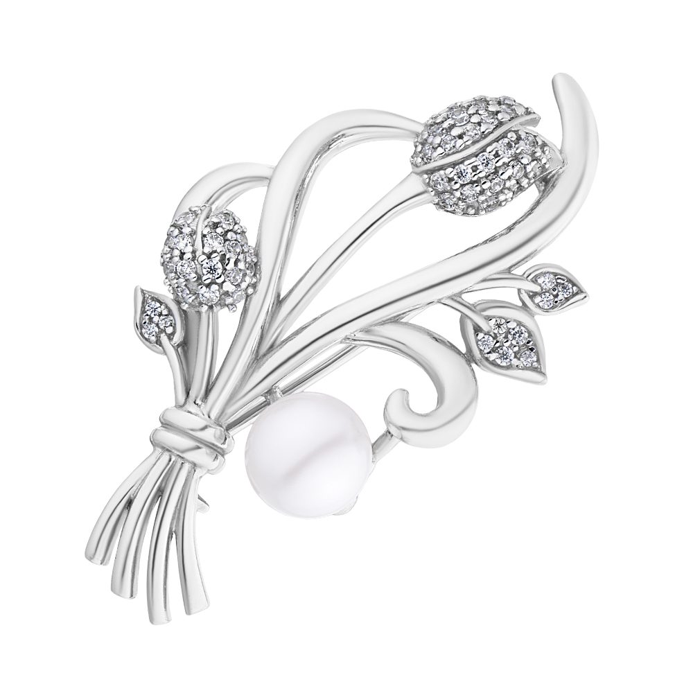 Secretforyou Brosche Brosche Anstecknadel 925 Silber Zirkonia Perle Echtschmuck, 925 Silber