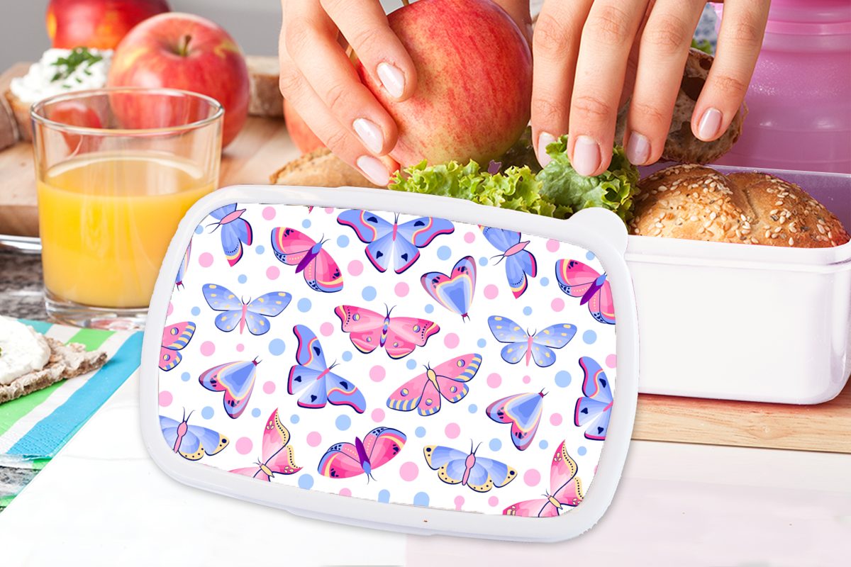 - für Lunchbox Punkte Schmetterlinge und weiß Kunststoff, Brotdose, - Muster, und für Erwachsene, Kinder Brotbox Mädchen Jungs (2-tlg), MuchoWow