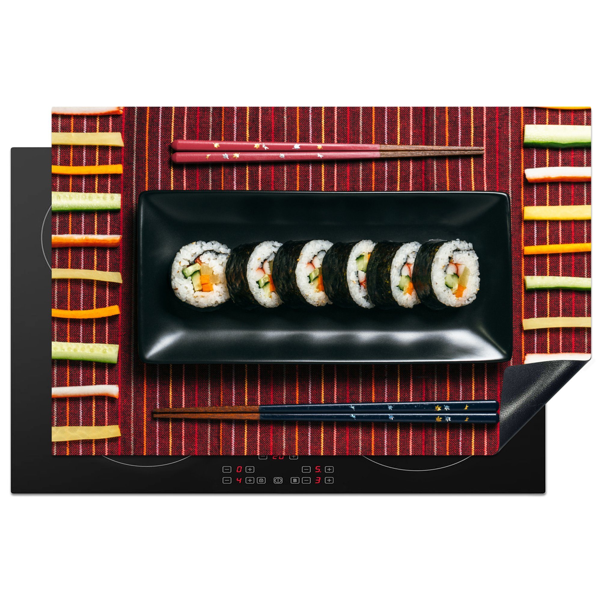 MuchoWow Herdblende-/Abdeckplatte Sushi und Essstäbchen aus der japanischen Küche, Vinyl, (1 tlg), 81x52 cm, Induktionskochfeld Schutz für die küche, Ceranfeldabdeckung