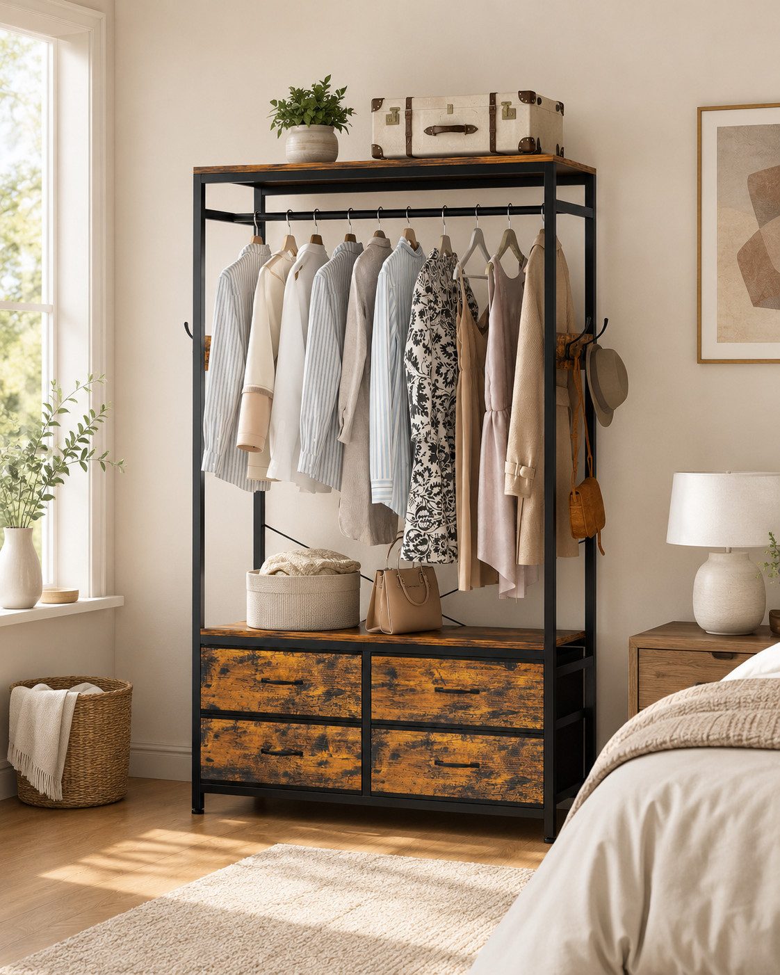 Yorbay Kleiderständer Garderobenständer Kleiderständer 100 x 40 x 180 cm, (Aus MDF und Stahl, mit Kleiderstange, Ablagen, 4 Schubladenboxen), Offener Kleidersch – Bild 5 von 5