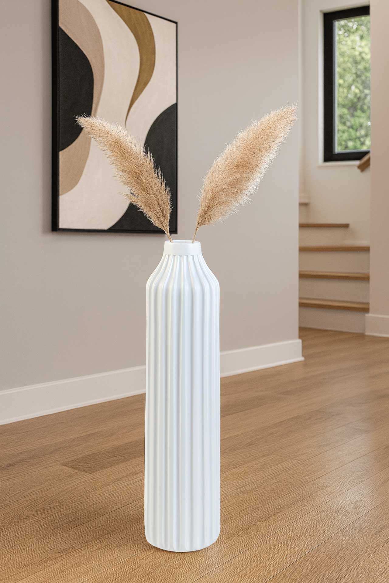 VIVANNO Bodenvase Fiberglas VERTO Säule - Wellenweiß Matt Mit Muster (1 St), 20x80 cm