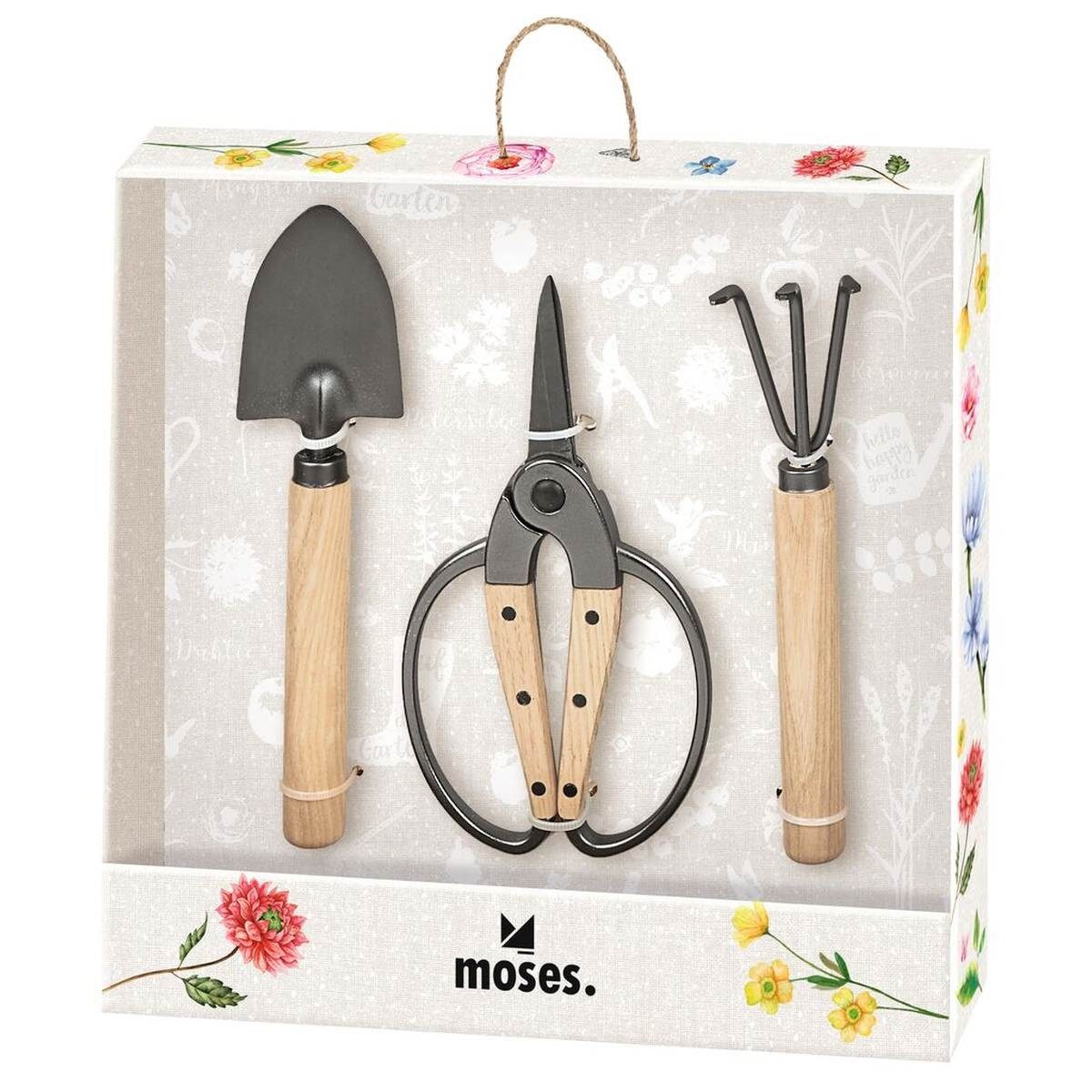 Moses. Verlag Kinder-Gartenset Gartenwerkzeug Set 3-teilig aus Holz & Metall für Hobbygärtner, In einer Geschenkbox